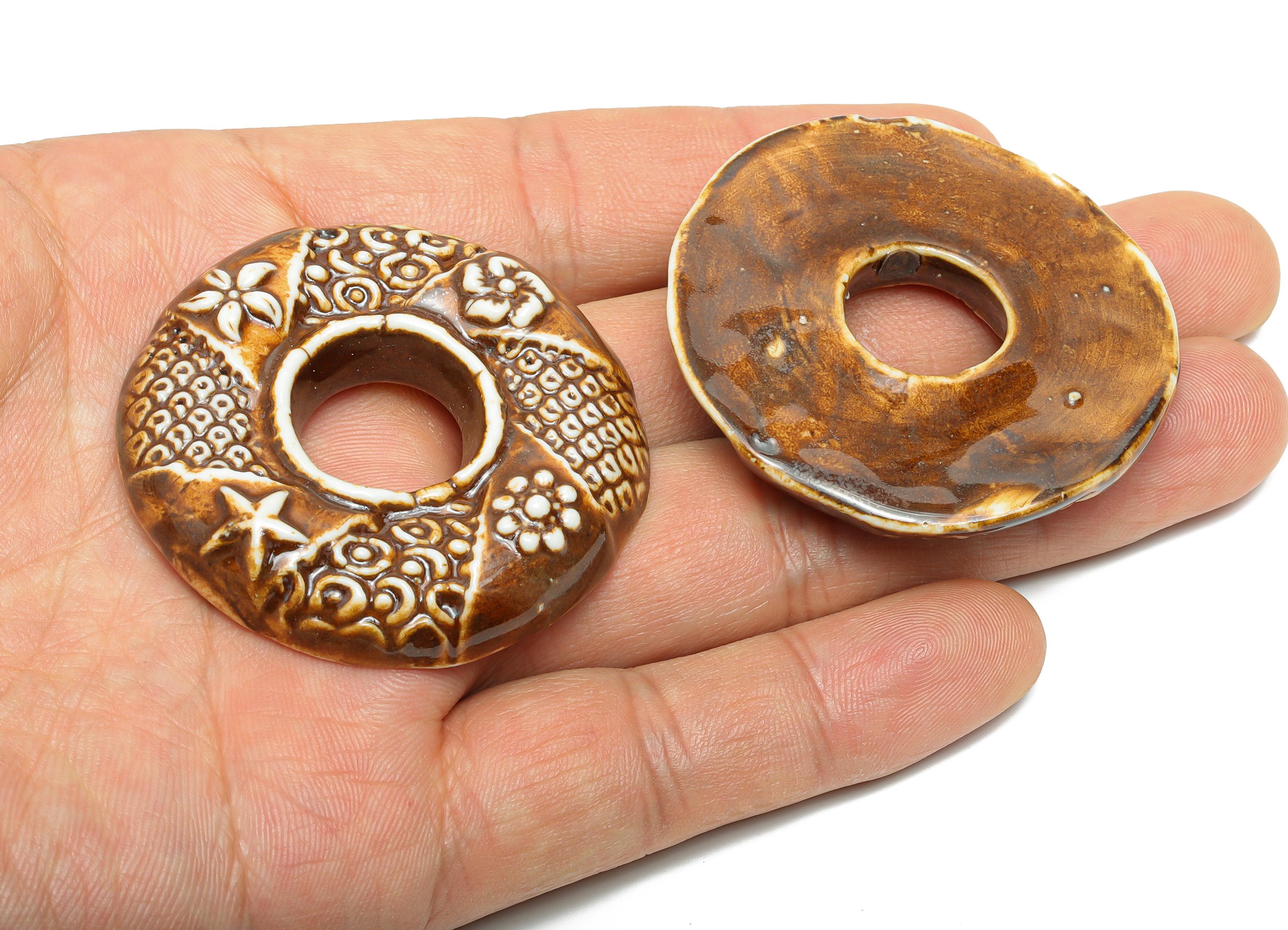 Glazed Ceramic Pendants - Craft Beads for Necklace or Bracelet - Marine Ceramic Beads - Handmade Ceramic Donuts - 46x45x9.62mm - NS2791 - DOMEDBAZAAR