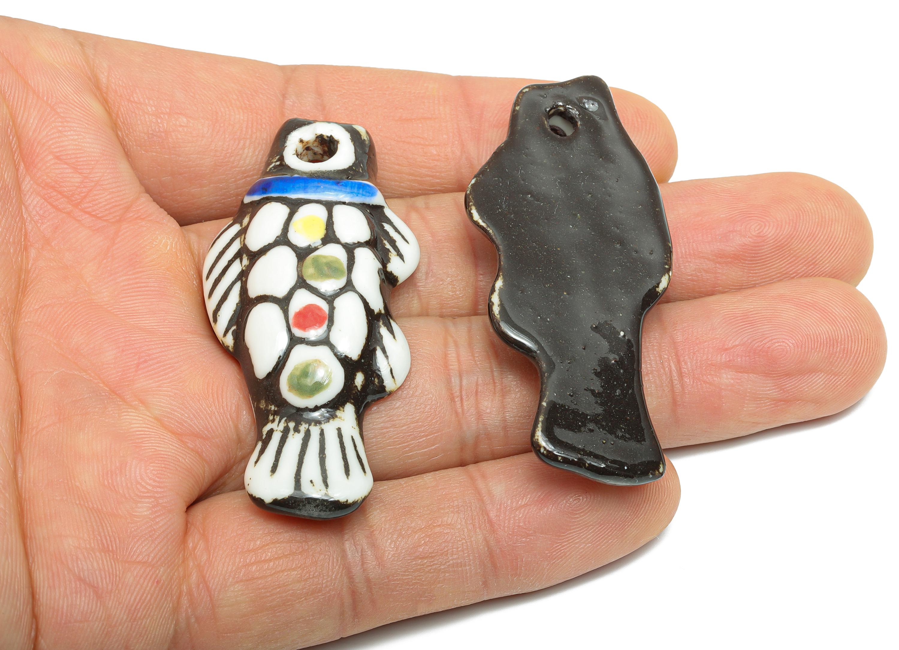 Glazed Ceramic Fish Beads - Craft Beads for Necklace or Bracelet - Marine Life Beads - Handmade  Making Supplies - 53x25x7mm - NS2794 - DOMEDBAZAAR