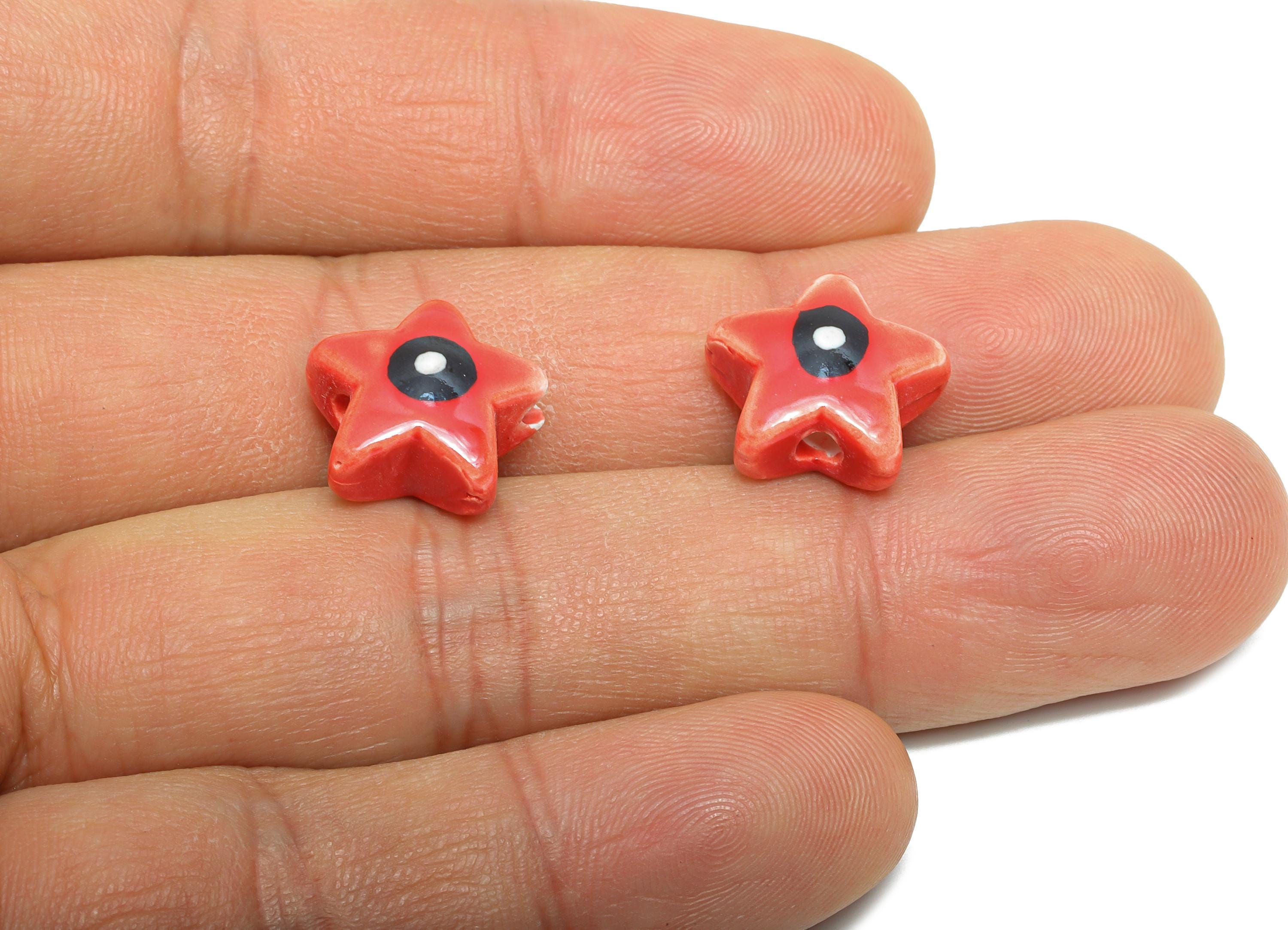 Glazed Ceramic Star Beads - Red Artistic Star Beads with Eye - Handmade Bracelet Beads - Jewelry Component DIY - 21.67x22.02x9.4mm - NS2828 - DOMEDBAZAAR