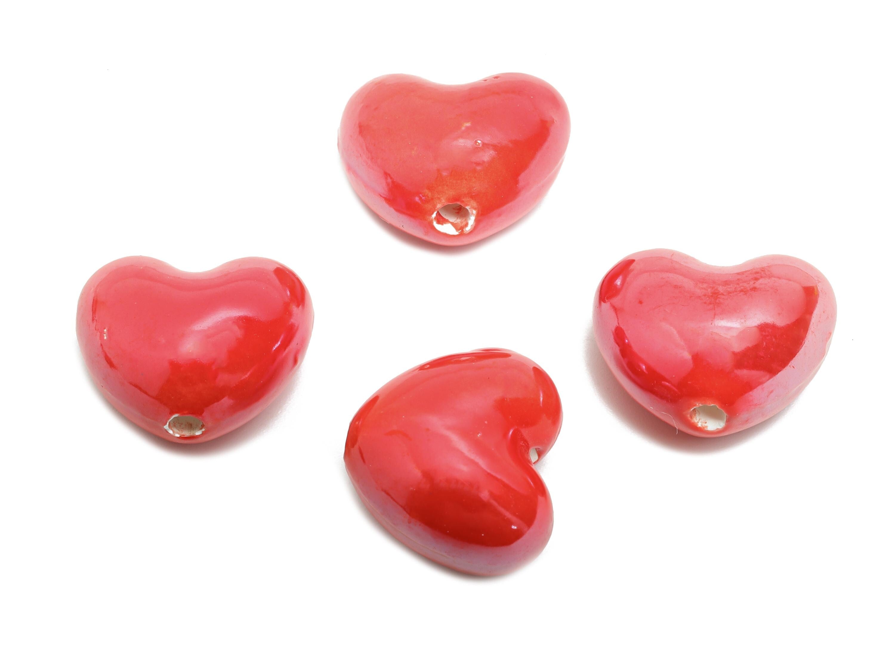Glazed Ceramic Heart Beads - Craft Beads for Necklace or Bracelet - Red Heart Beads - Handmade Jewelry Making - 14.09x16.33x9.95mm - NS2839 - DOMEDBAZAAR
