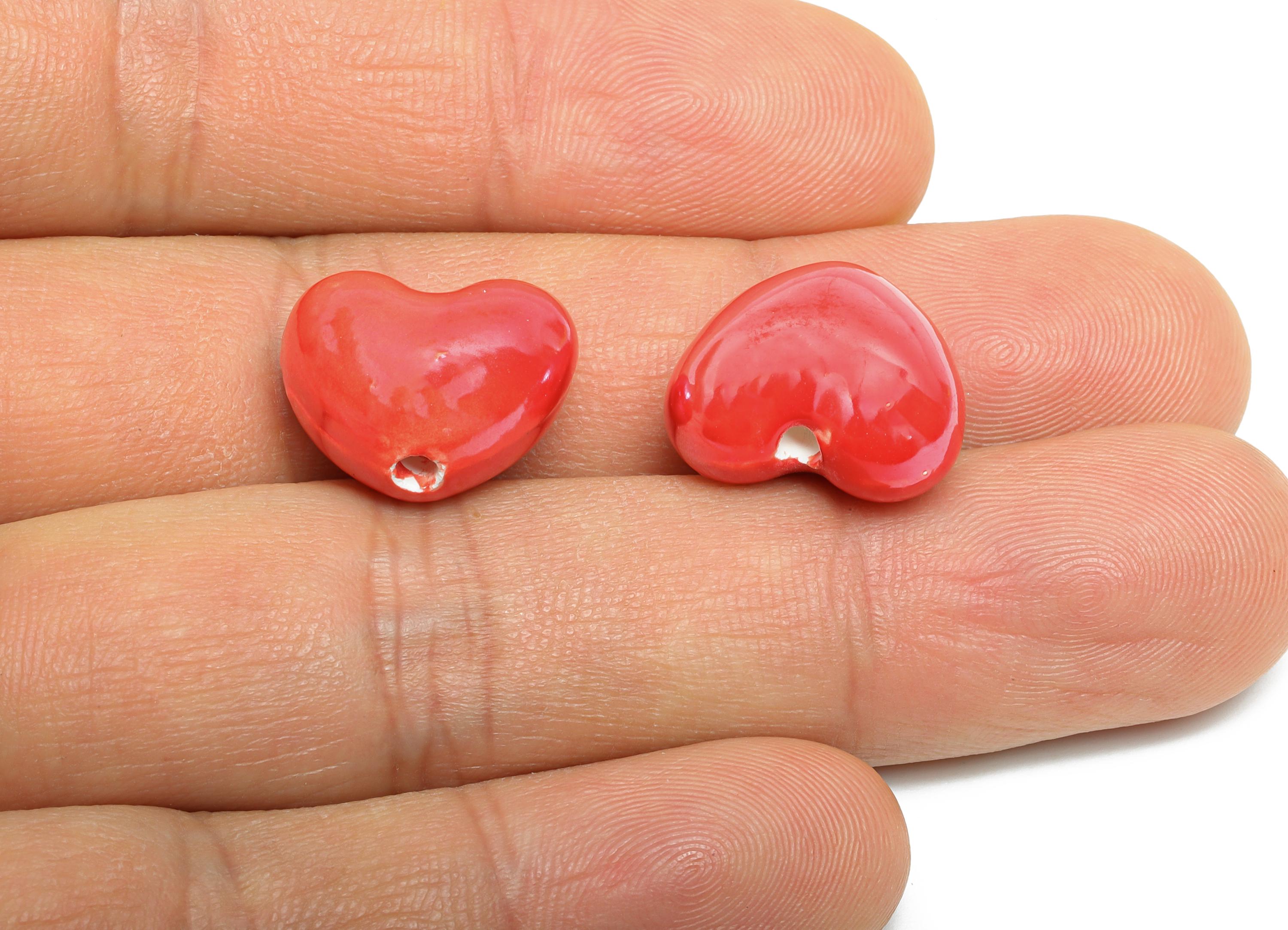 Glazed Ceramic Heart Beads - Craft Beads for Necklace or Bracelet - Red Heart Beads - Handmade Jewelry Making - 14.09x16.33x9.95mm - NS2839 - DOMEDBAZAAR