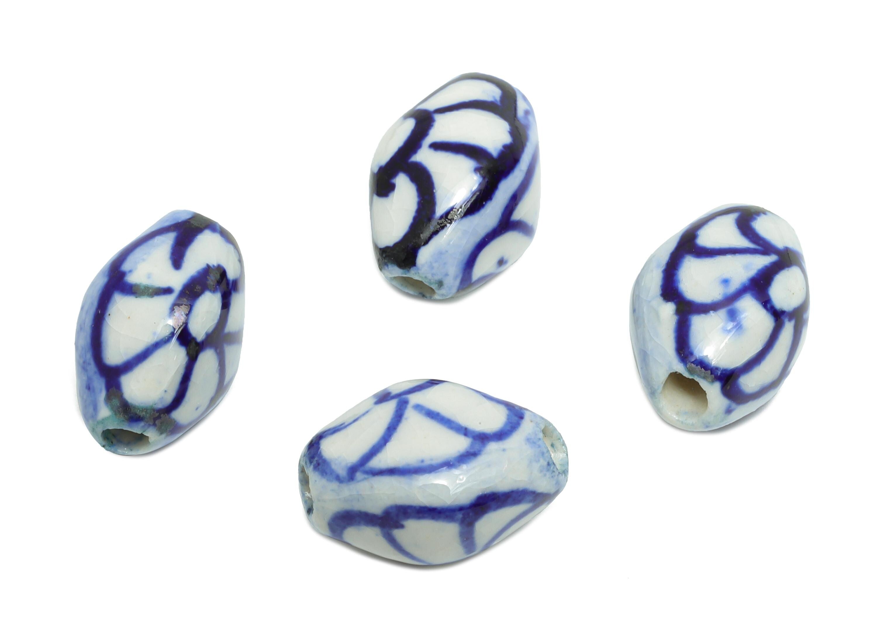 Glazed Ceramic Oval Bead - Hand-Painted Floral Bead Components for Bracelet - Handmade Ceramic Making Jewelry - 14.66x10.42x10.13mm - NS2821 - DOMEDBAZAAR