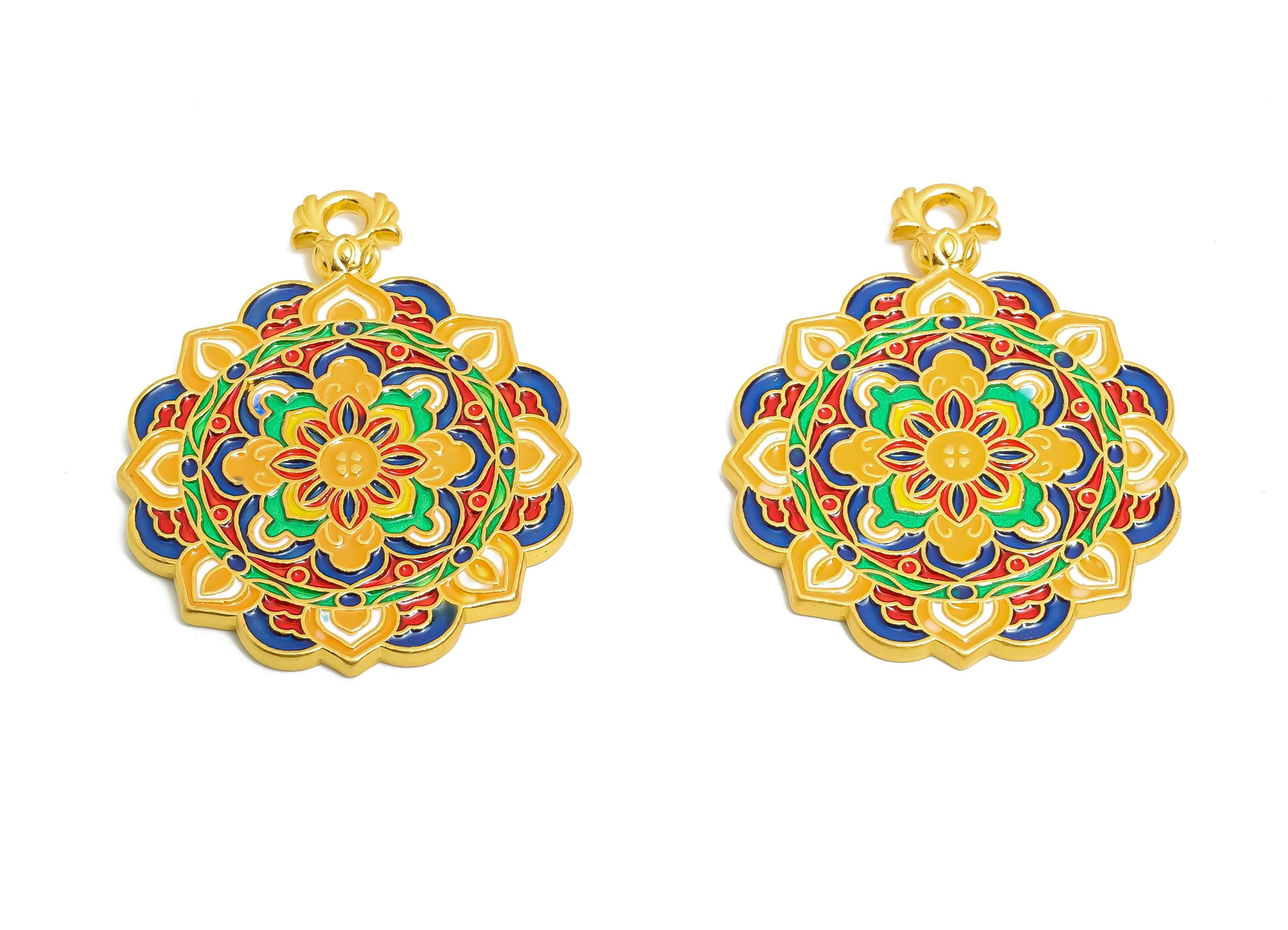 Alloy Colorful Mandala Pendant - Gold Alloy Rainbow Enamel Pendant - Eastern Charm - 18K Matte Gold - 33x27x3.52mm - ZZ2139 - DOMEDBAZAAR