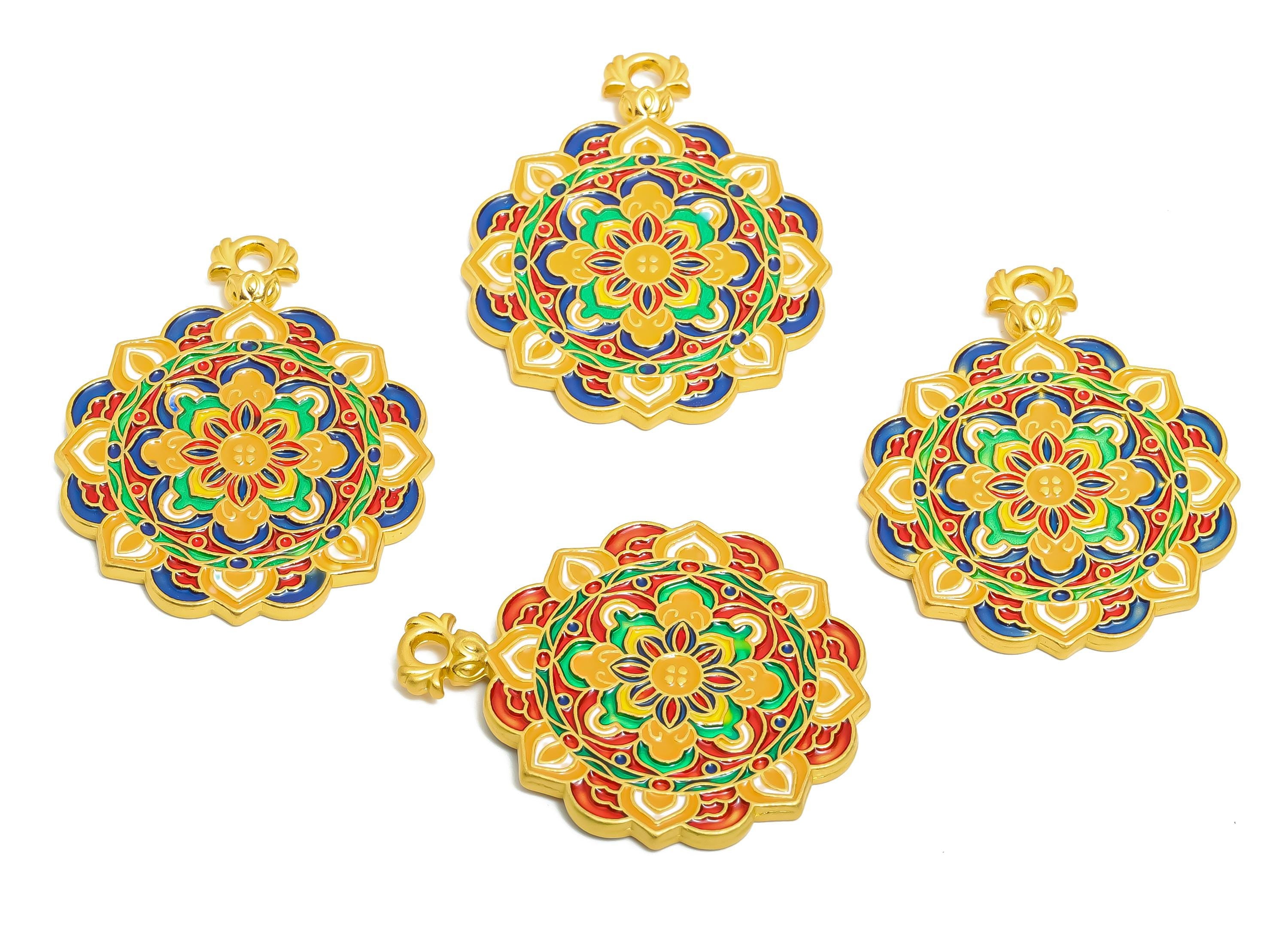 Alloy Colorful Mandala Pendant - Gold Alloy Rainbow Enamel Pendant - Eastern Charm - 18K Matte Gold - 33x27x3.52mm - ZZ2139 - DOMEDBAZAAR