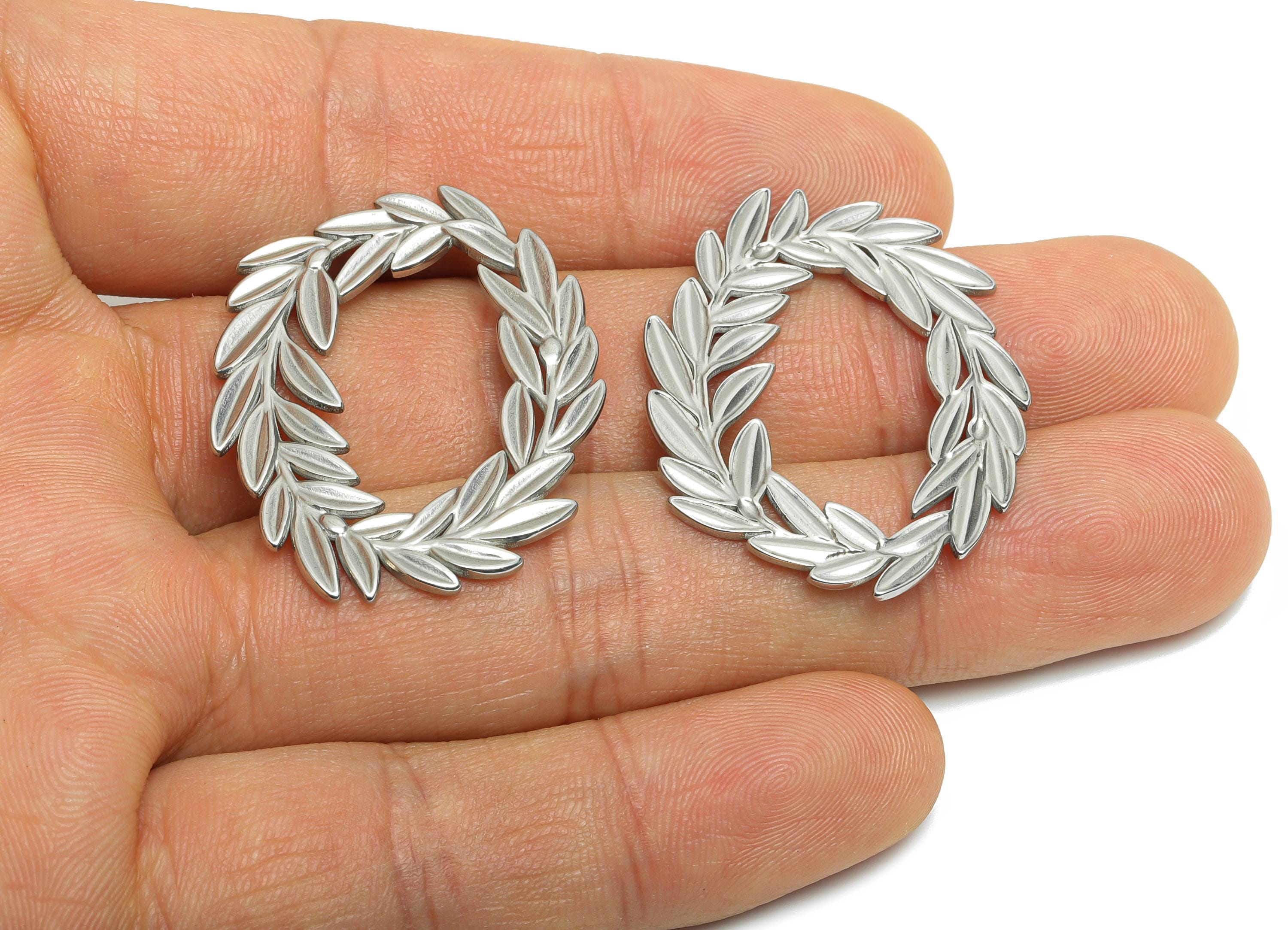 Stainless Steel Olive Leaf  Charm - Steel Laurel Wreath Charm - Roman Laurel Symbol Charm - Decorative Silver Wreath - 35x27x1.4mm - SS2039 - DOMEDBAZAAR