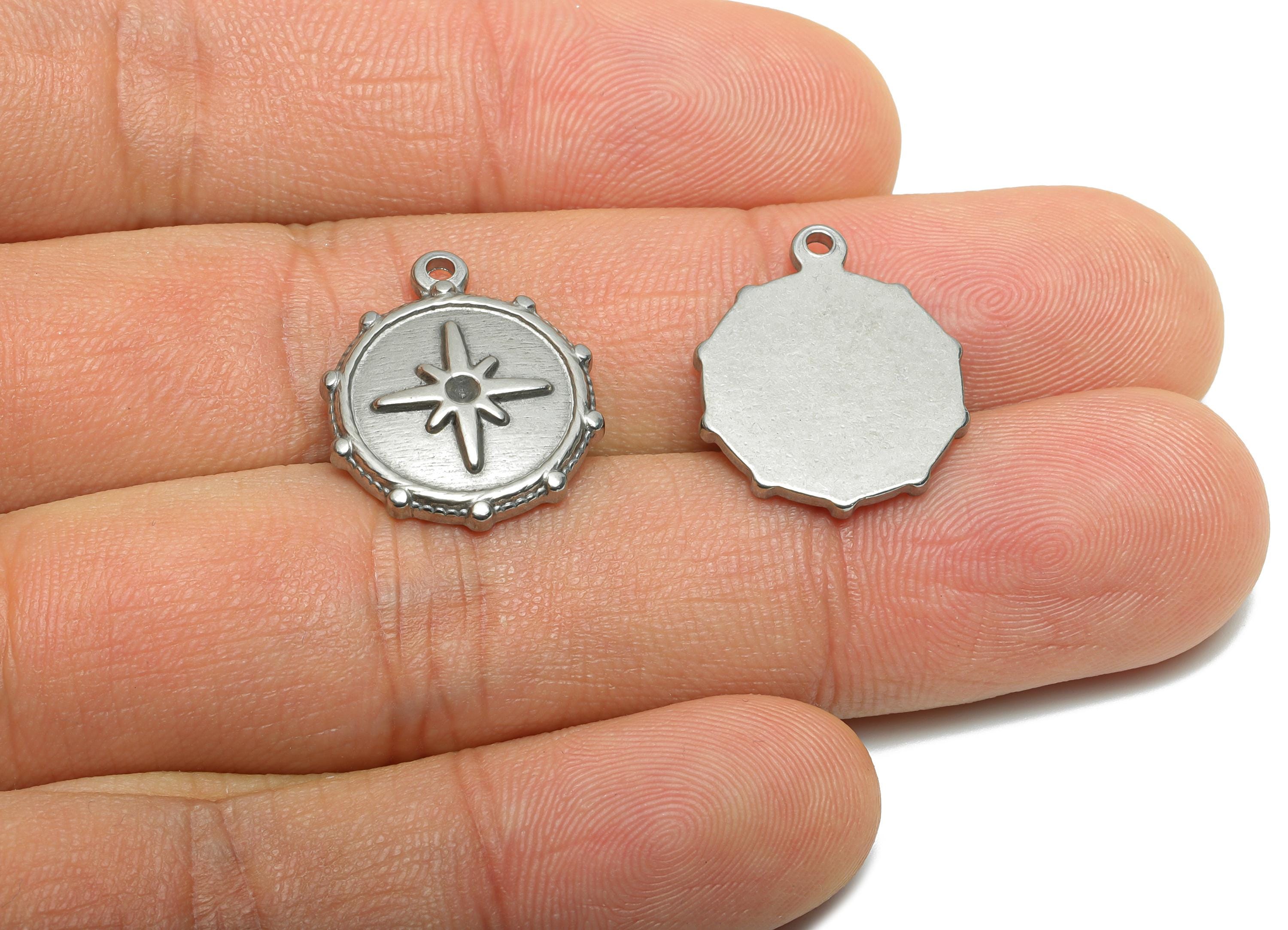 Steel Compass Star Pendant - Stainless Steel Antique Compass Charm - Celestial Handcrafted Metallic Compass Pendant - 19x16x2mm - SS1996 - DOMEDBAZAAR