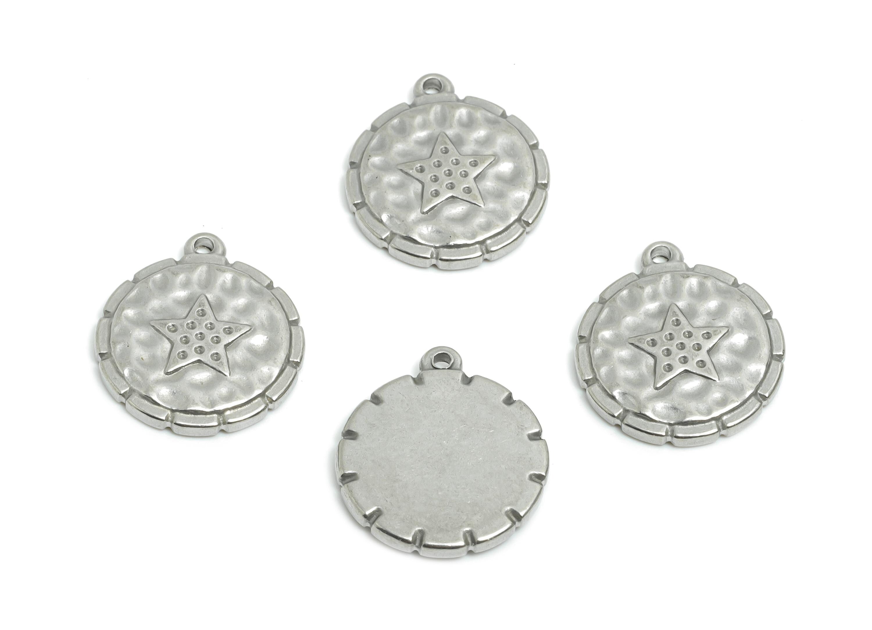 Steel Star Pendant - Stainless Steel Hammered Metallic Star Medallion Pendant - Steel Vintage Star Charm - Steel Jewelry - 17x15x2mm -SS2018 - DOMEDBAZAAR