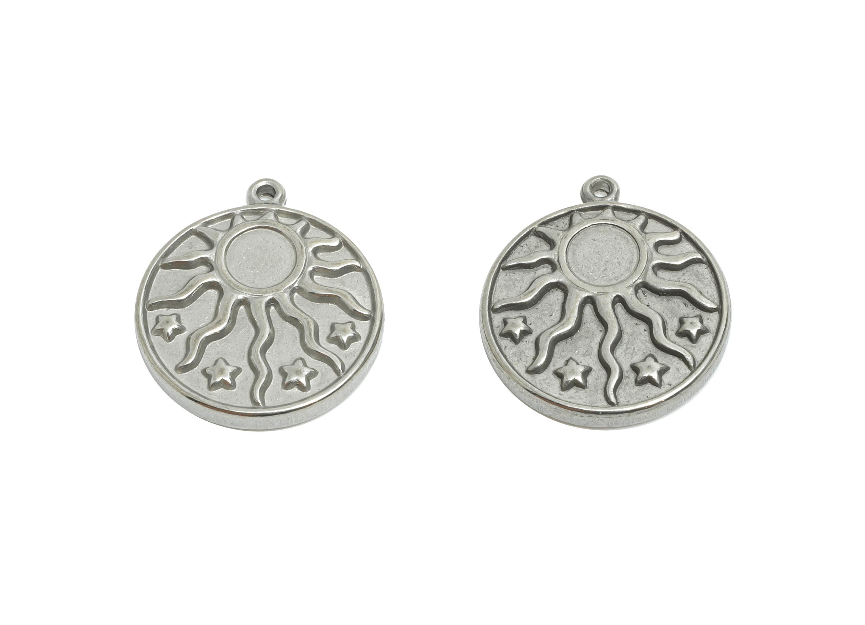 Steel Sunburst Charms - Steel Metallic Celestial Sun Disc Pendant - Steel Sun Star Charm - Mystical Celestial Ornament - 17x15x2mm - SS2040 - DOMEDBAZAAR