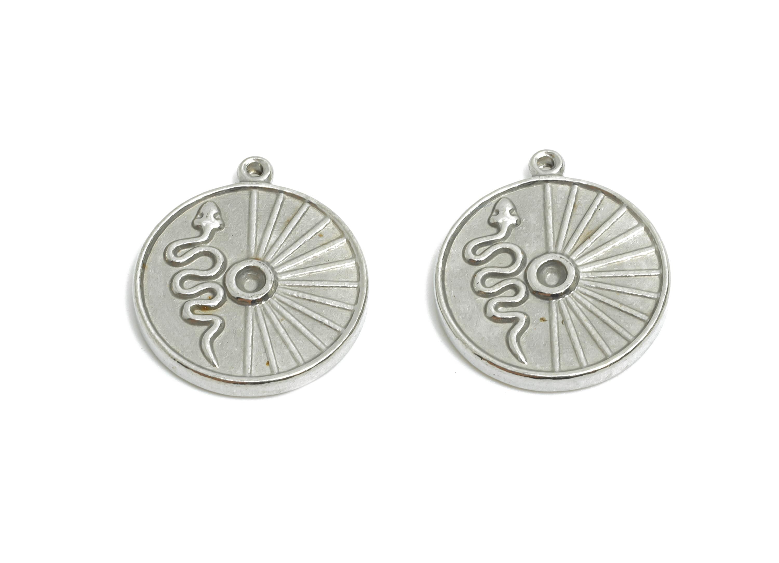 Steel Snake and Sun Charms - Radiant Sunburst Disc Pendant with Snake - Mystical Snake Jewelry Accent - Steel Finding - 17.3x15x2mm - SS2004 - DOMEDBAZAAR