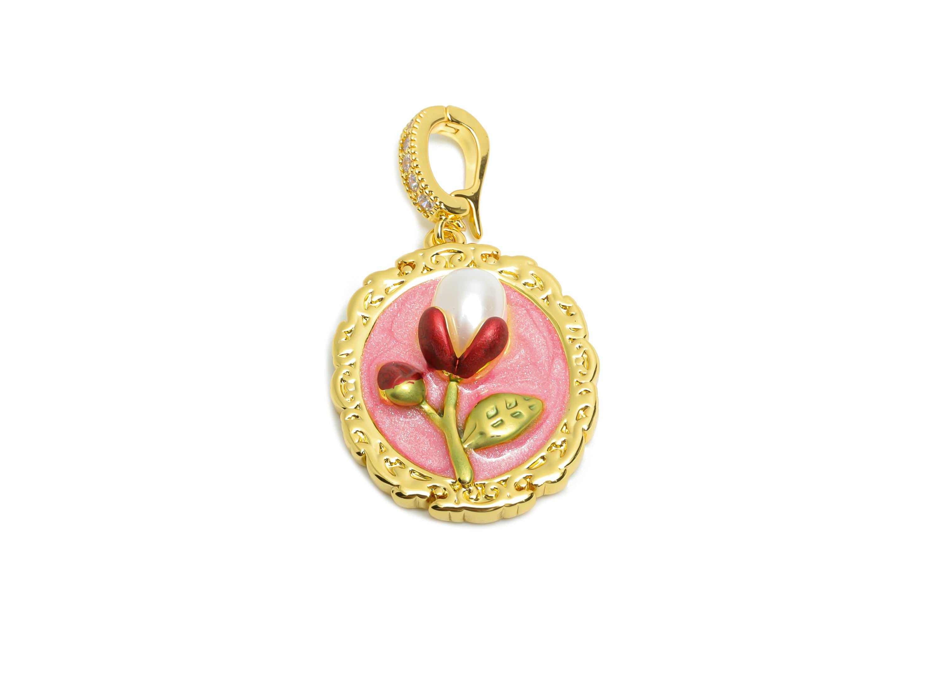 Floral Enamel Pendant- Brass Luxe Enamel Pendant With Pearl - Dainty Necklace Charm With Bail - 18K Real Gold Plated - 24x19x6mm - RGP10721 - DOMEDBAZAAR