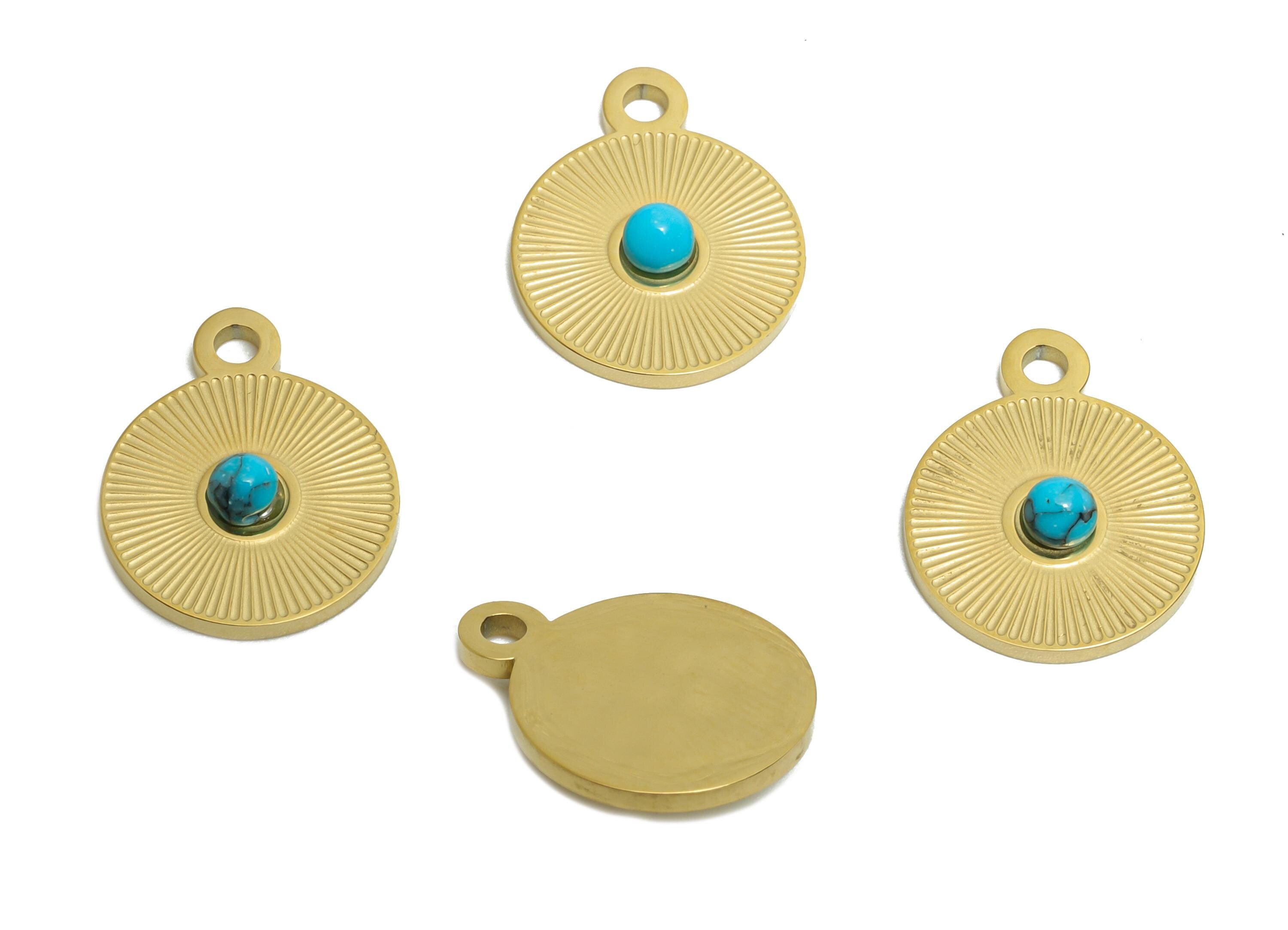 Steel Natural Stone Pendant - Textured Circular Bright Blue Stone Detail Pendant - Natural Stone Jewelry - 14K Real Gold - 15x12x3mm -SS1670 - DOMEDBAZAAR