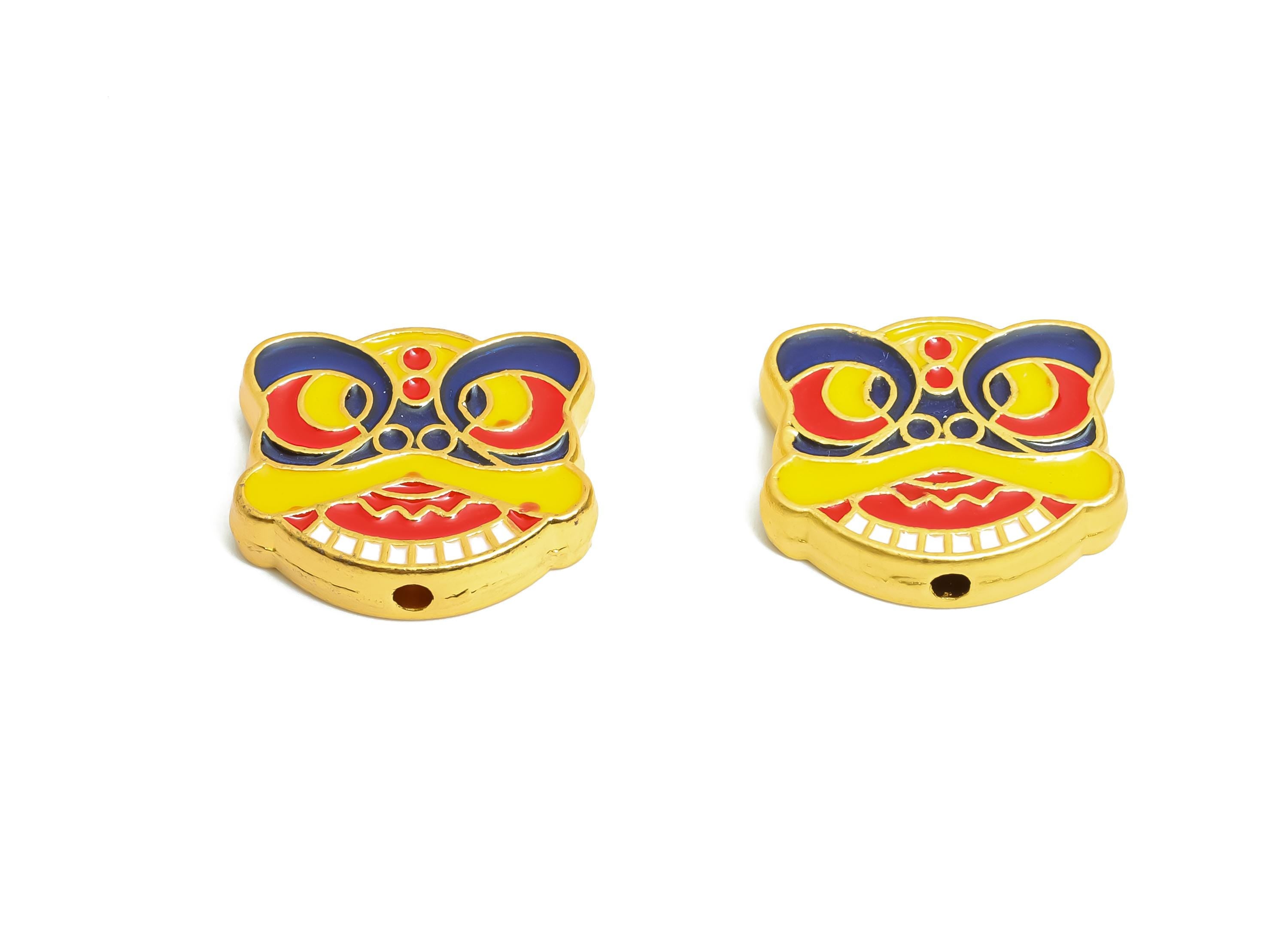 Alloy Lion Dance Bead - Enamel Bead for Bracelets - Traditional Vibrant Bead Jewelry - Eastern Charm - 18K Matt Gold - 13x16x3mm - ZZ2149 - DOMEDBAZAAR