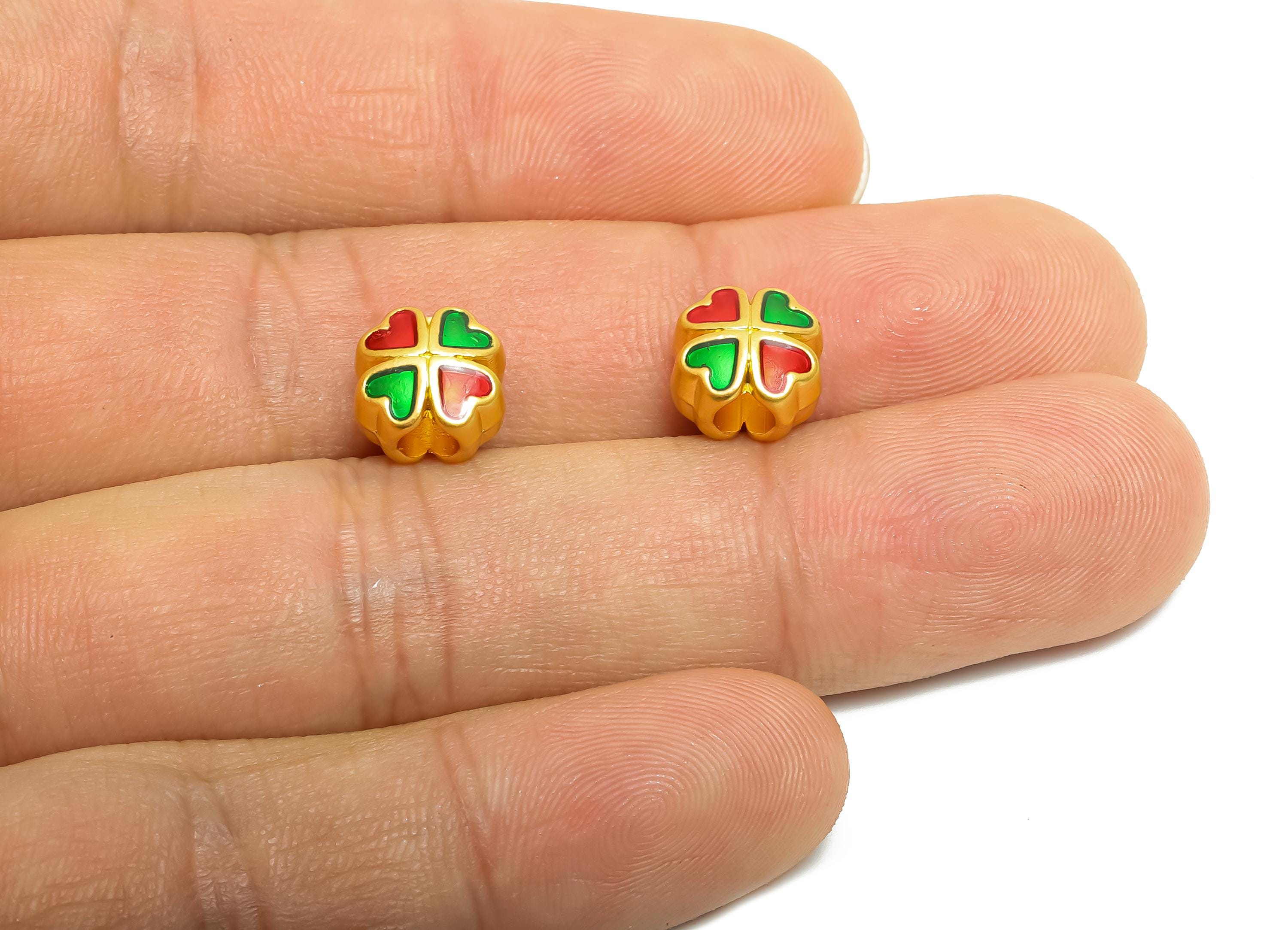 Alloy Heart Bead - Green and Red Enamel for Bracelets - Dainty Jewelry Bead - Handcrafted Butterfly Bead - 18K Matt Gold - 9x9x7mm - ZZ2152 - DOMEDBAZAAR