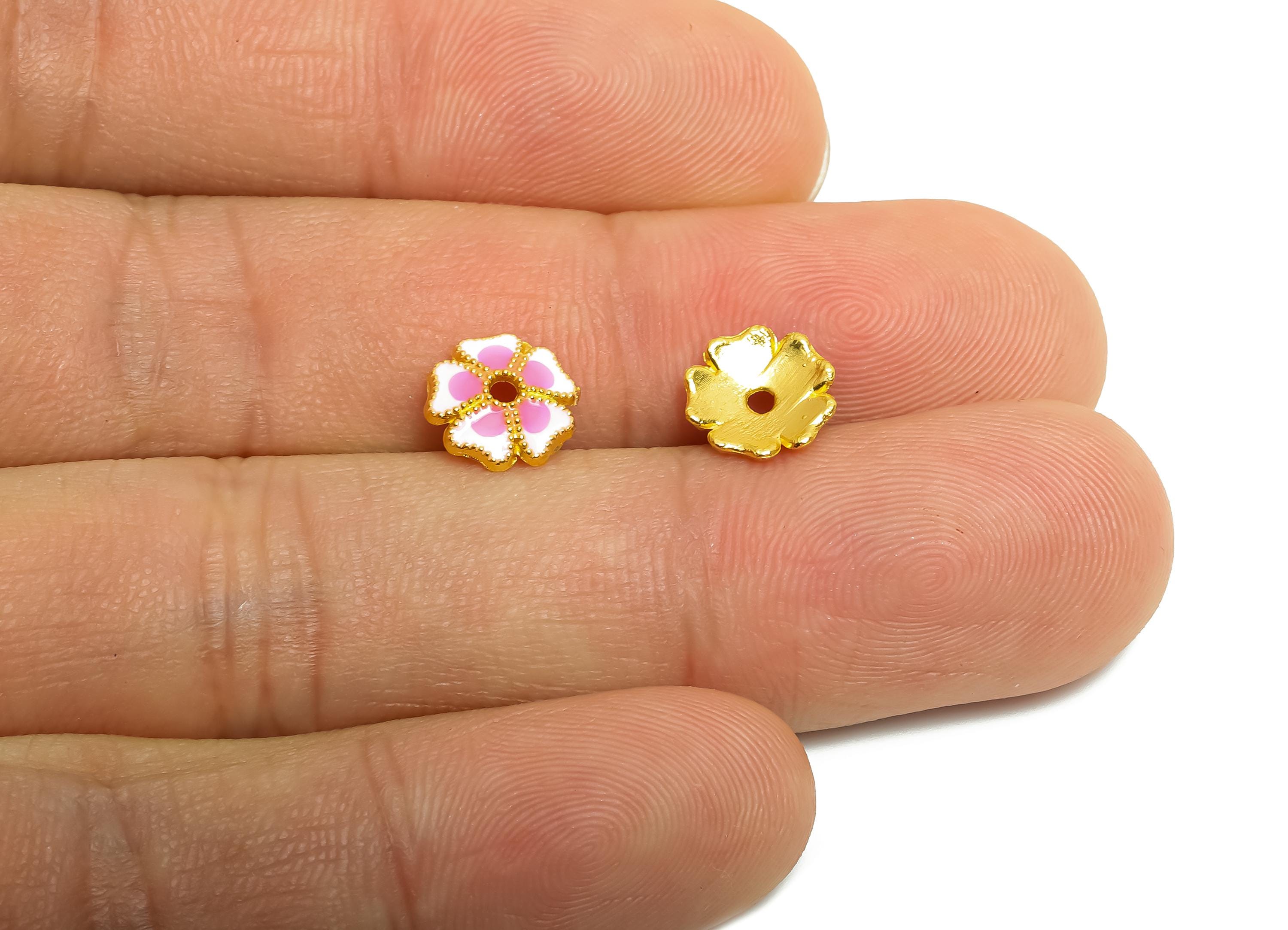 Alloy Pink Floral Bead - Colorful Enamel for Bracelets - Bead Cap Jewelry - DIY Handcrafted Bead Base - 18K Matte Gold - 8x8x1.8mm - ZZ2146 - DOMEDBAZAAR