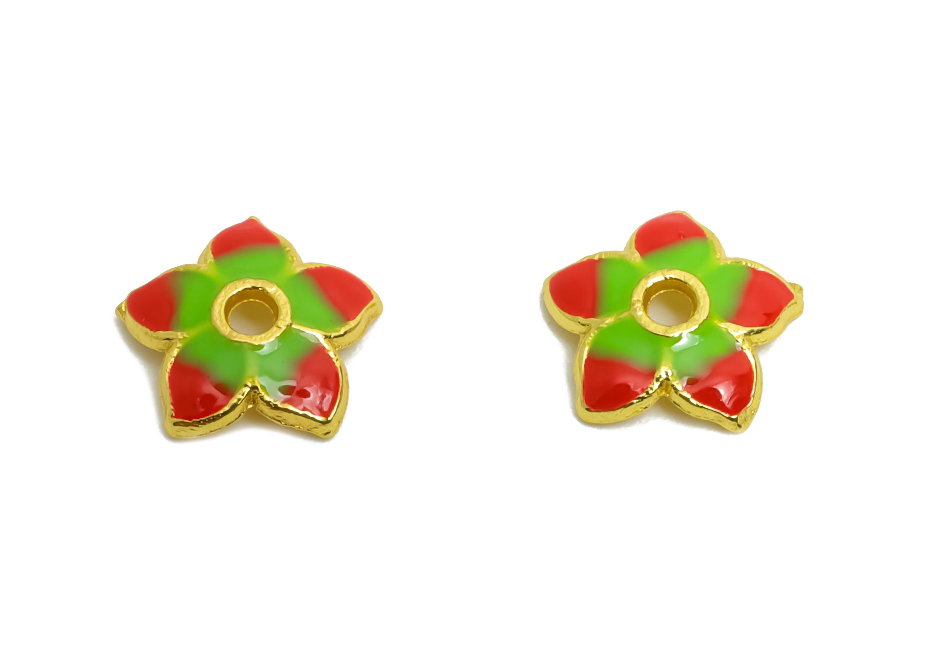 Alloy Red Floral Bead - Colorful Enamel for Bracelets - Bead Cap Jewelry - DIY Handcrafted Bead Base - 18K Matte Gold - 8x8x1.75mm - ZZ2145 - DOMEDBAZAAR