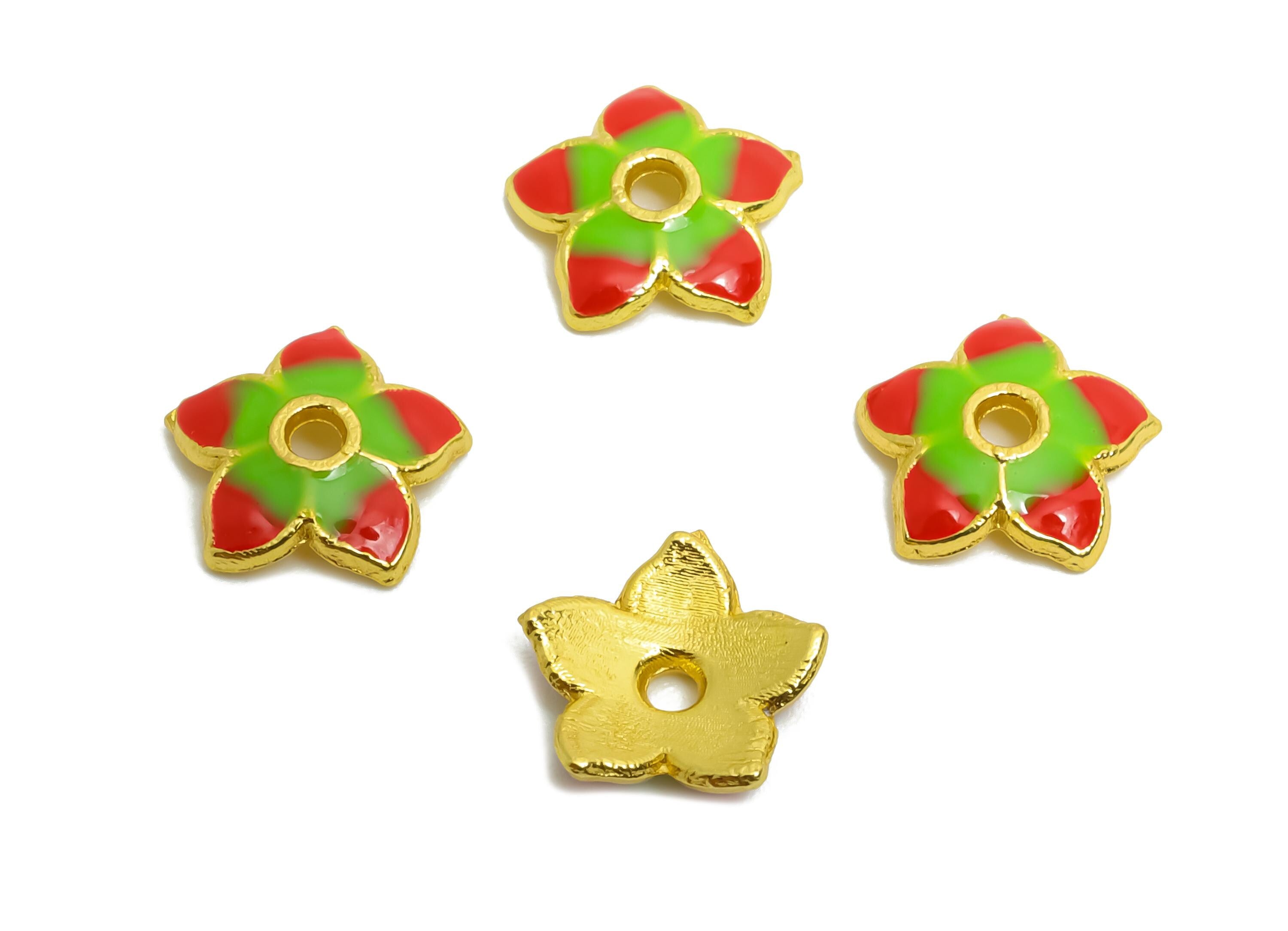 Alloy Red Floral Bead - Colorful Enamel for Bracelets - Bead Cap Jewelry - DIY Handcrafted Bead Base - 18K Matte Gold - 8x8x1.75mm - ZZ2145 - DOMEDBAZAAR