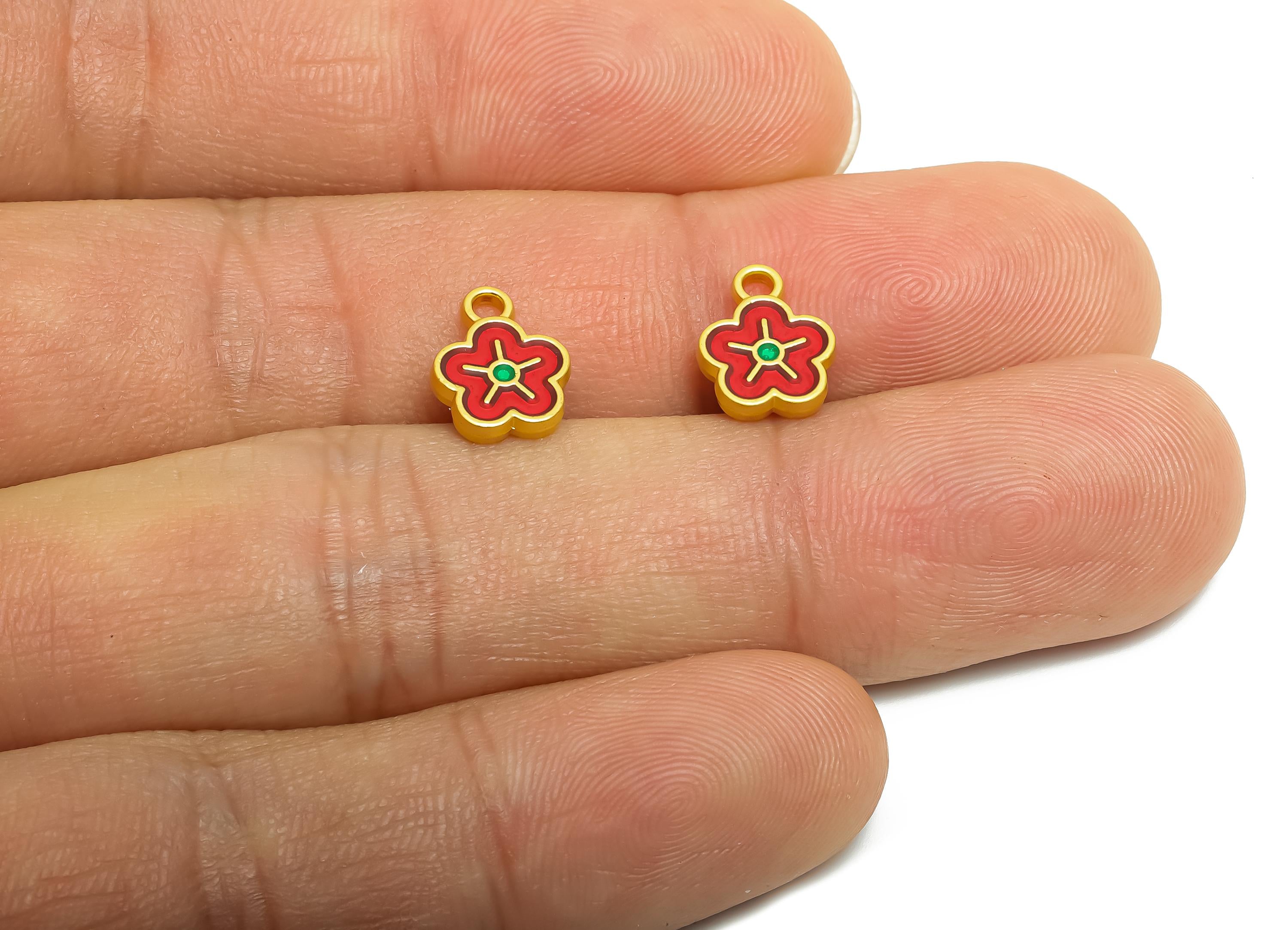 Alloy Tiny Floral Charm - Colorful Enamel for Bracelets - Handmade Bead Jewelry - Handcrafted Charm - 18K Matte Gold - 10x8x1.8mm - ZZ2154 - DOMEDBAZAAR