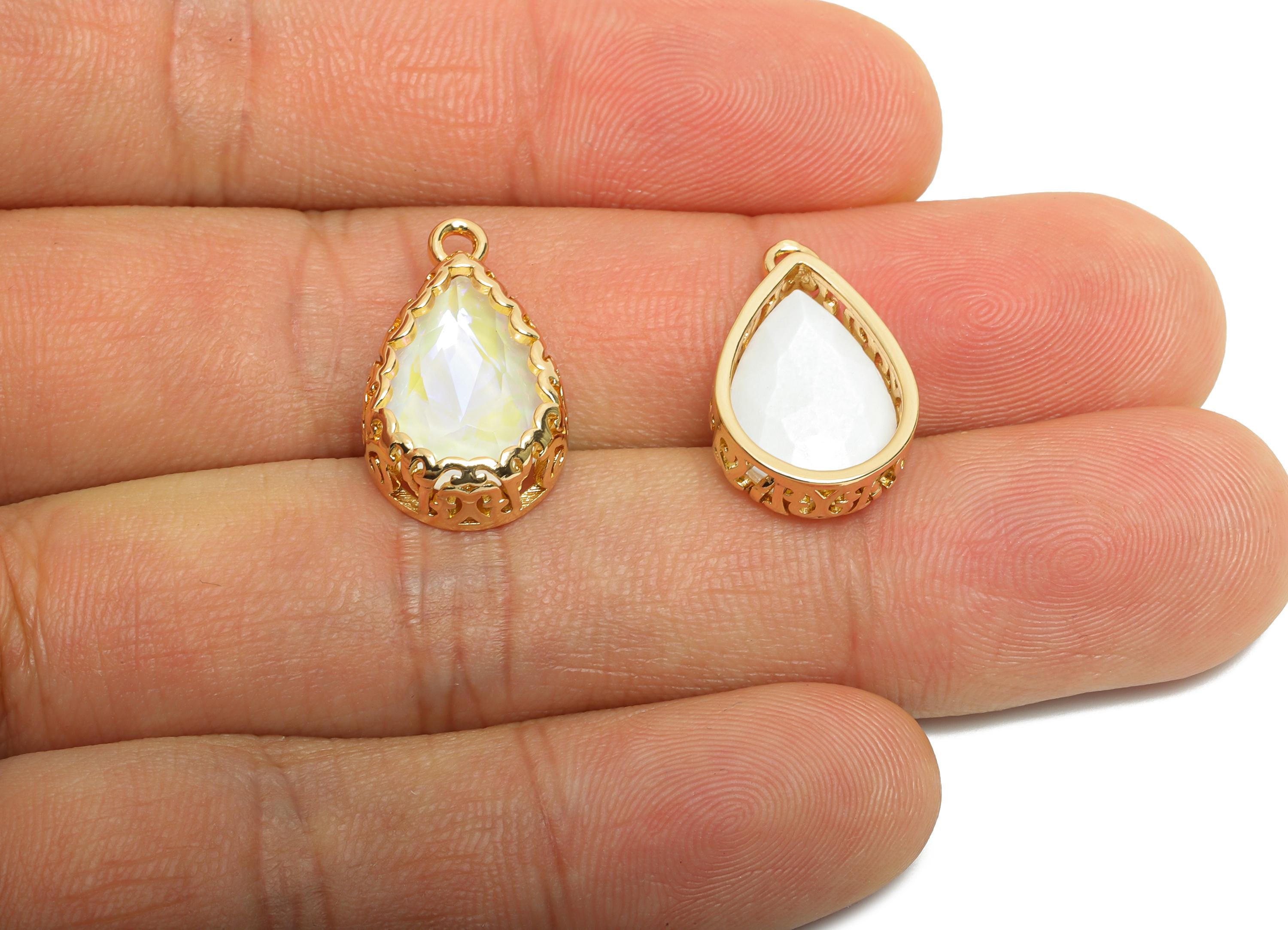 Brass Teardrop Crystal Charm - White Faceted Crystal Necklace Pendant - Drop Gold-Framed Jewelry DIY - KC Gold Plated - 20x12.6x5mm - GS1195 - DOMEDBAZAAR