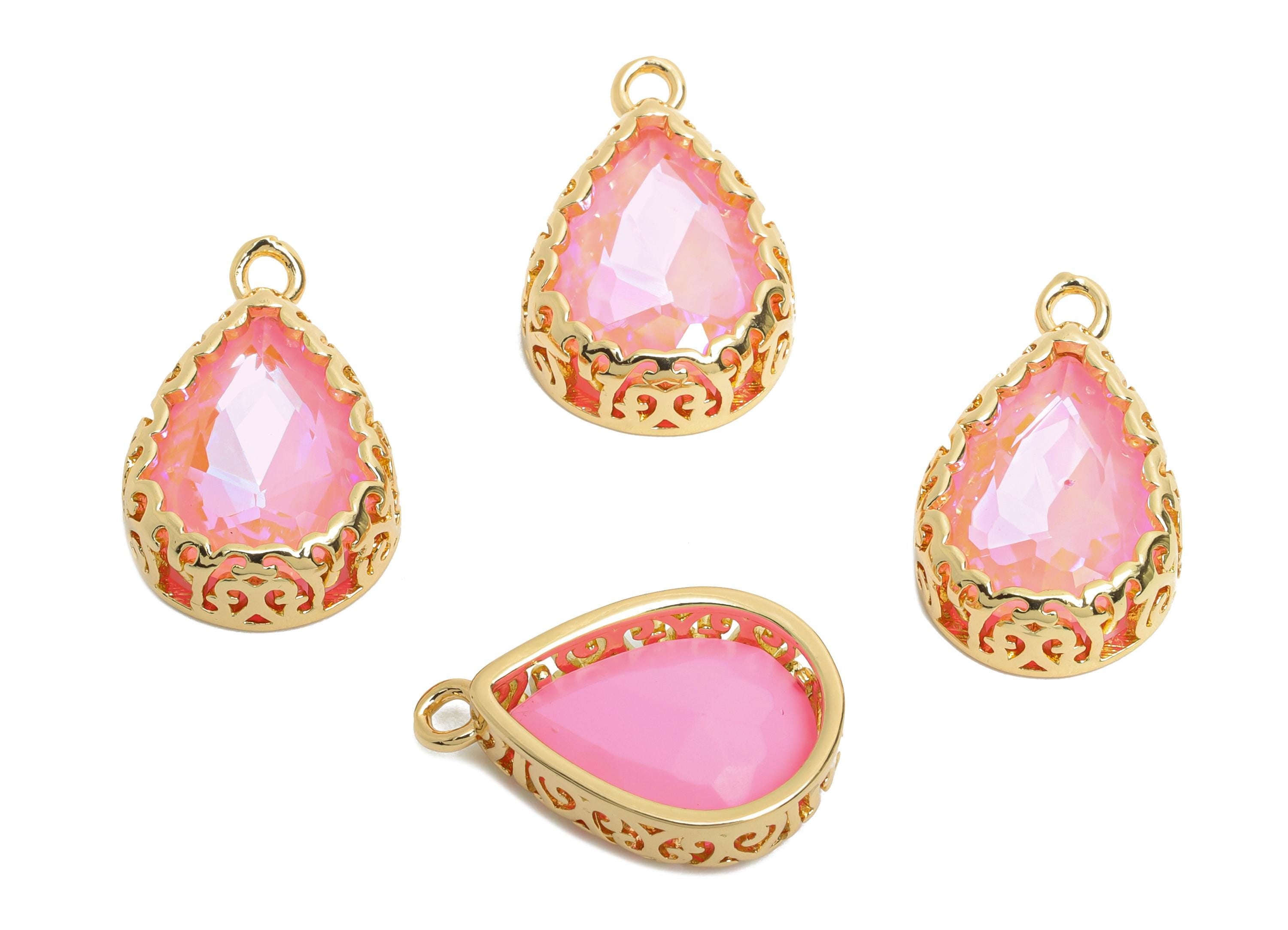 Brass Teardrop Crystal Charm - Pink Faceted Crystal Necklace Pendant - Drop Gold-Framed Jewelry DIY - KC Gold Plated - 20x12.6x5mm - GS1193 - DOMEDBAZAAR