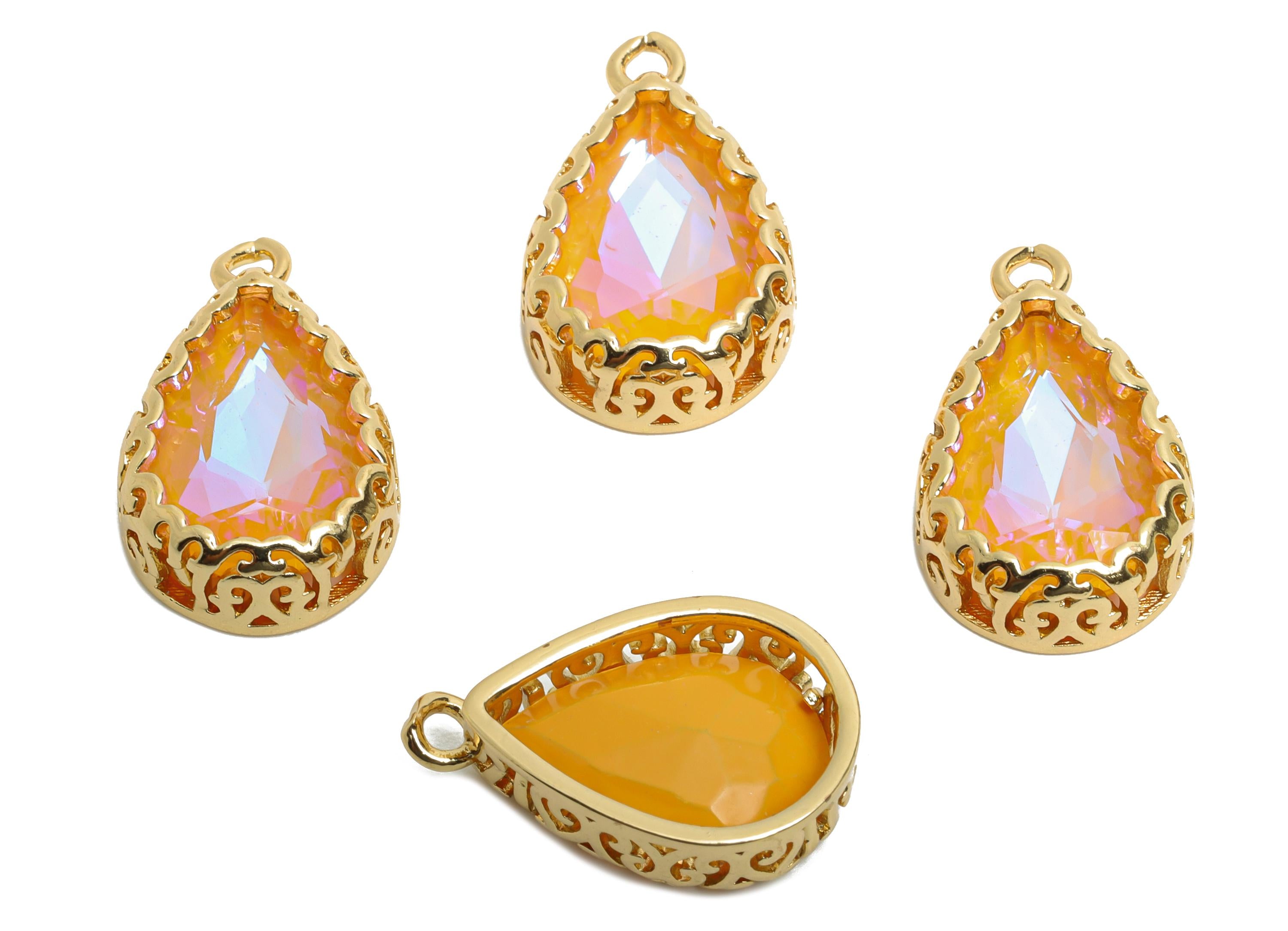 Brass Teardrop Crystal Charm - Orange Faceted Crystal Necklace Pendant - Drop Gold-Framed Jewelry DIY - KC Gold Plated - 20x12.6x5mm -GS1196 - DOMEDBAZAAR
