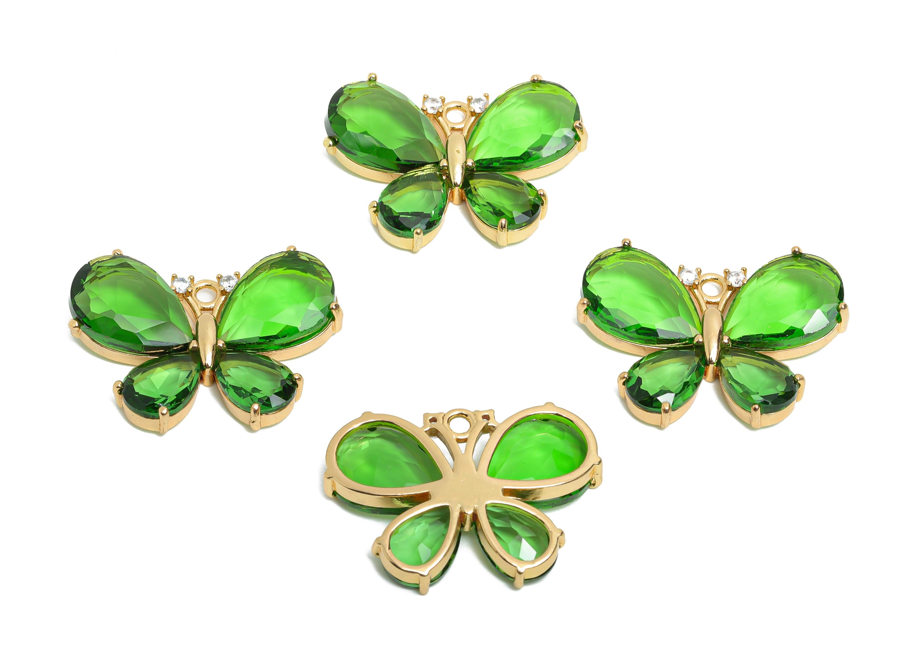 Brass Crystal Butterfly Pendant - Green Zircon Butterfly Necklace Pendant - Sparkling Jewelry DIY - KC Gold Plated - 28.77x19.73x5mm -GS1207 - DOMEDBAZAAR