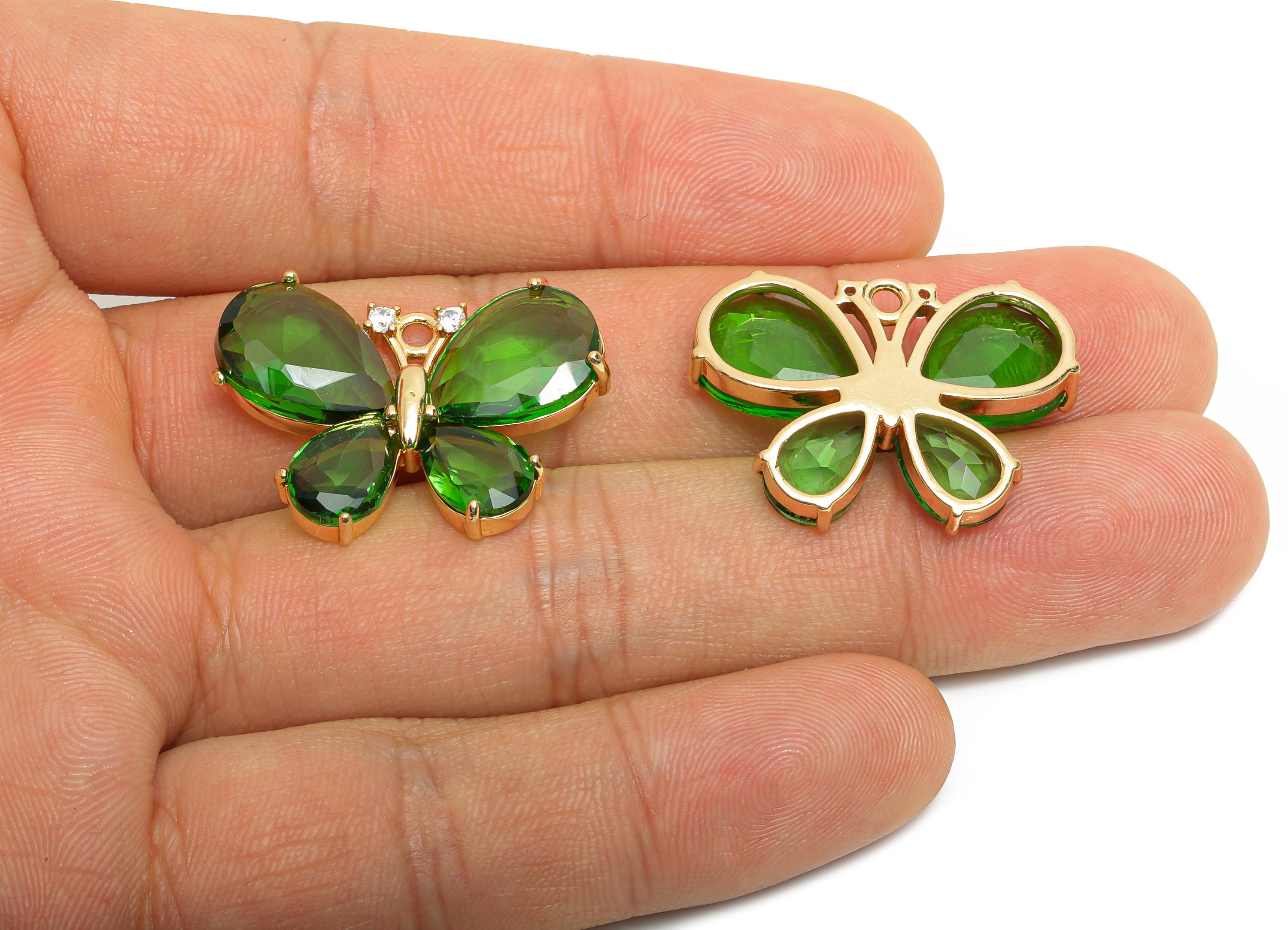 Brass Crystal Butterfly Pendant - Green Zircon Butterfly Necklace Pendant - Sparkling Jewelry DIY - KC Gold Plated - 28.77x19.73x5mm -GS1207 - DOMEDBAZAAR
