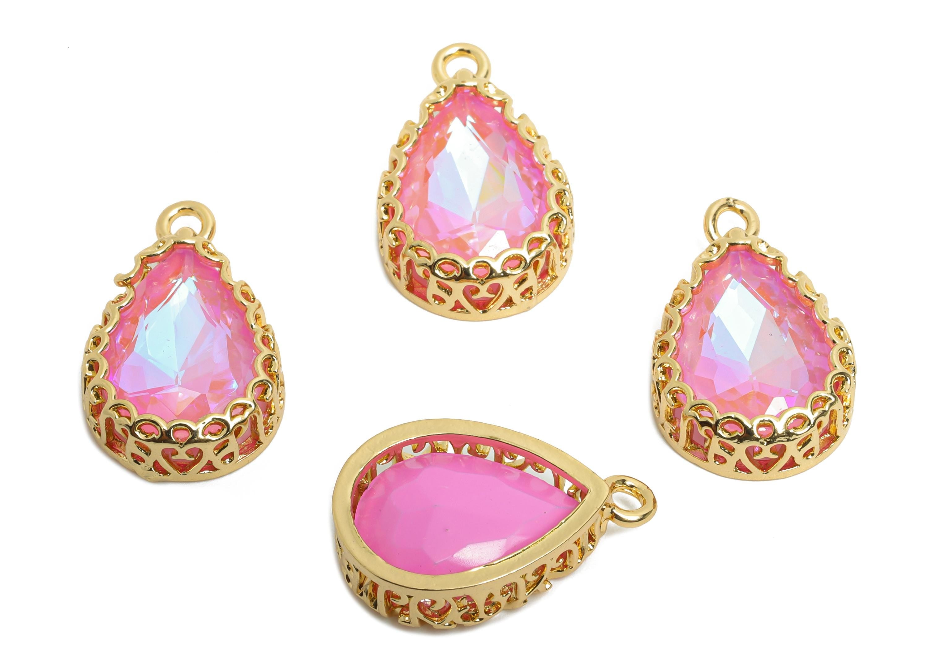 Brass Teardrop Crystal Charm - Pink Faceted Crystal Necklace Pendant - Drop Gold-Framed Jewelry DIY - KC Gold Plated - 20x12.6x5mm - GS1194 - DOMEDBAZAAR