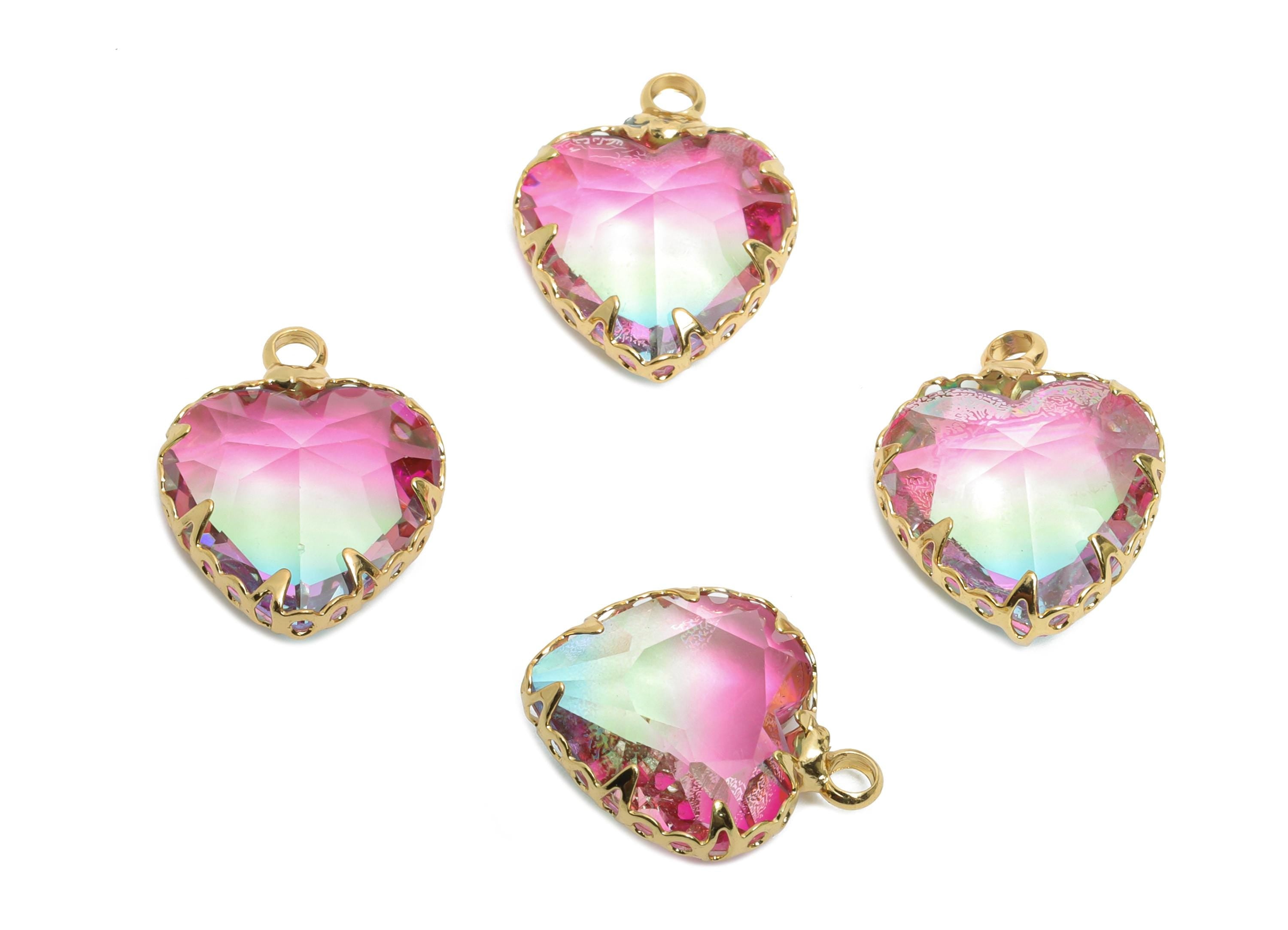 Brass Heart Crystal Bracelet Charm - Rainbow Faceted Crystal Necklace Pendant - Elegant Jewelry - KC Gold Plated - 15.6x12.5x5.6mm - GS1215 - DOMEDBAZAAR