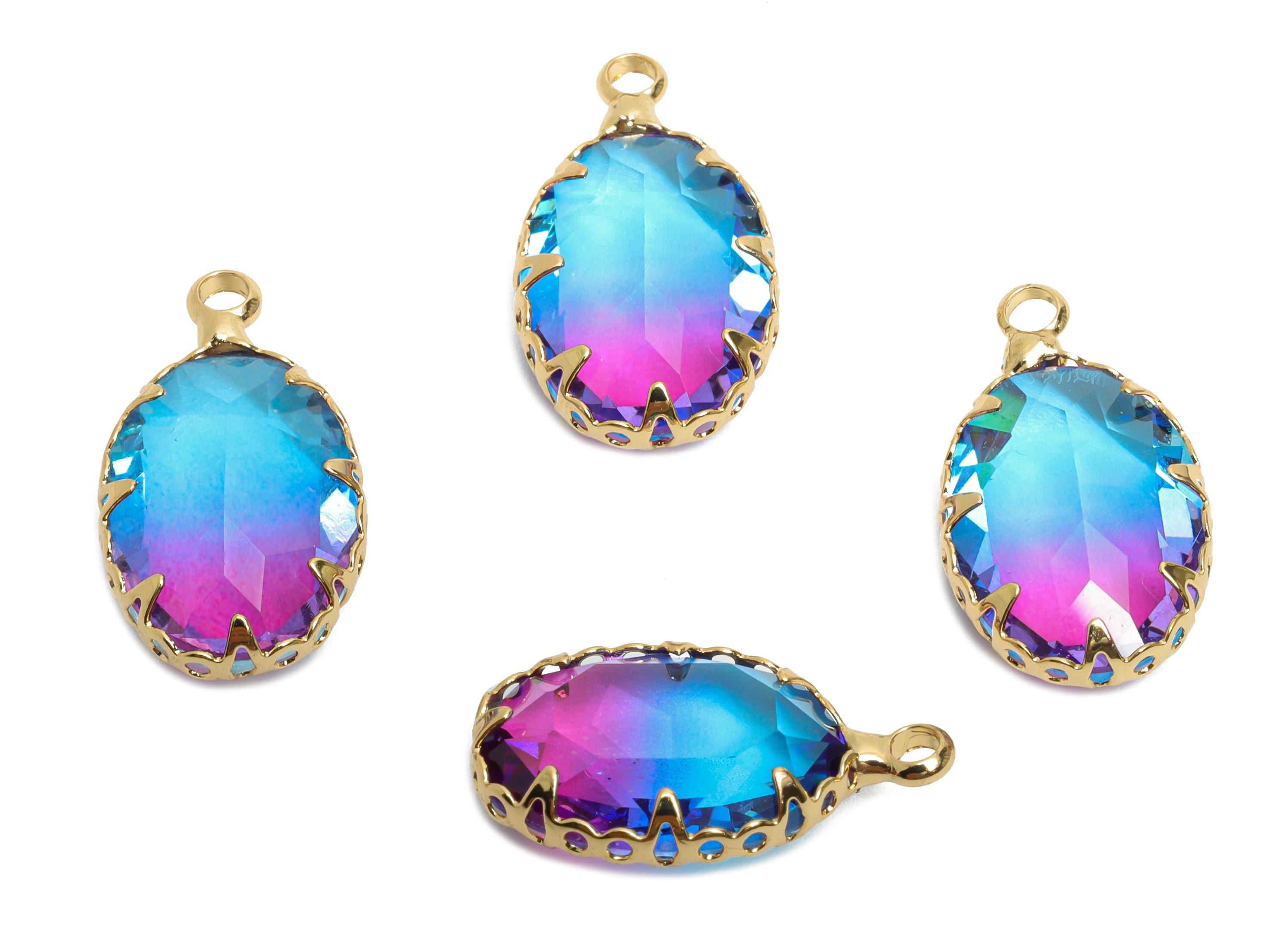 Brass Oval Crystal Charm - Blue and Pink Gradient Pendant - Sparking Lustrous Crystal Focal Charm - KC Gold Plated - 18x10.58x5mm - GS1255 - DOMEDBAZAAR