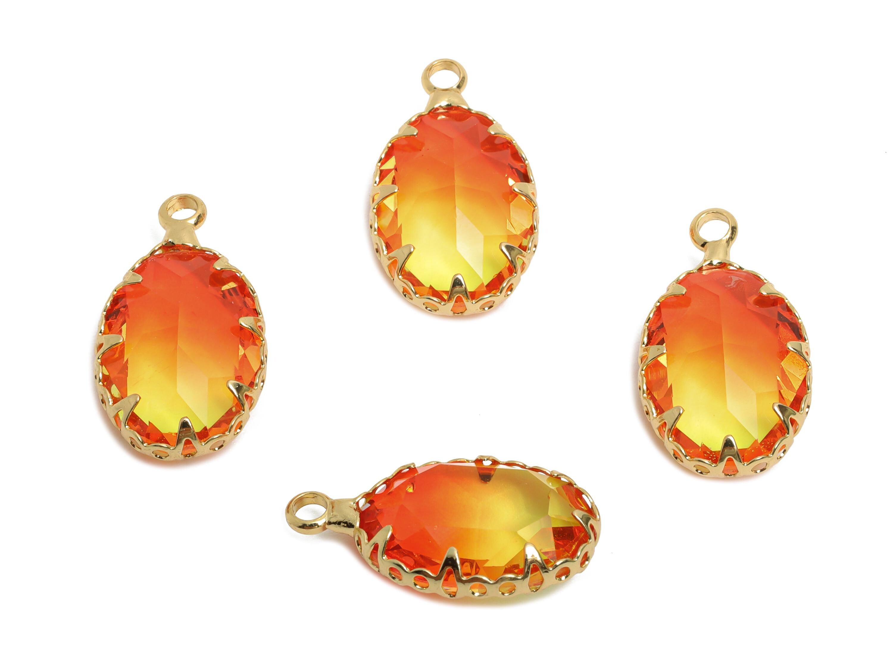 Brass Oval Crystal Charm - Geometry Orange Gradient Pendant - Sparking Lustrous Crystal Focal Charm - KC Gold Plated - 18x10.58x5mm - GS1256 - DOMEDBAZAAR