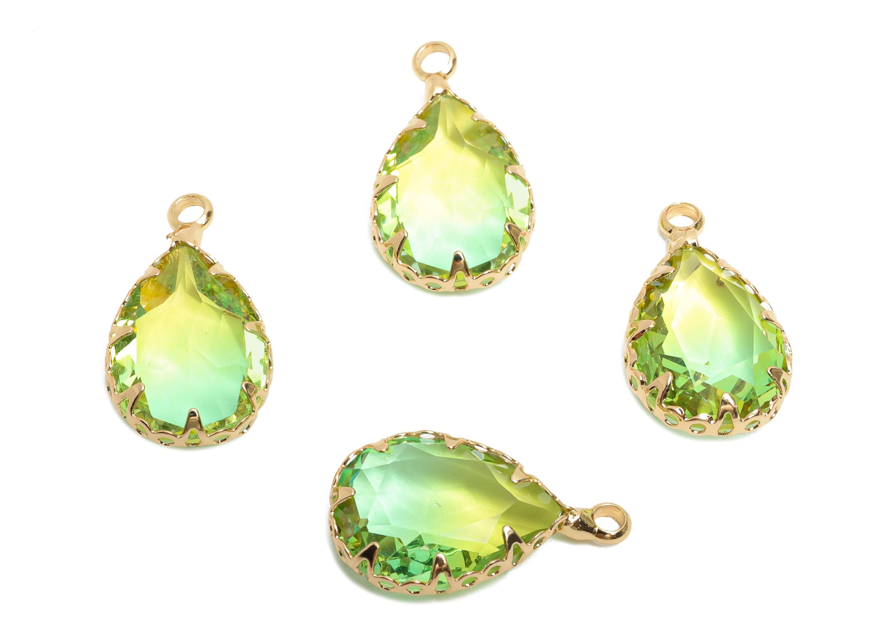Teardrop Gemstone Pendant - Brass Green Crystal Charm - Teardrop Cut Crystal Pendant - Radiant Jewelry - KC Gold Plated - 16x10x5mm - GS1273 - DOMEDBAZAAR
