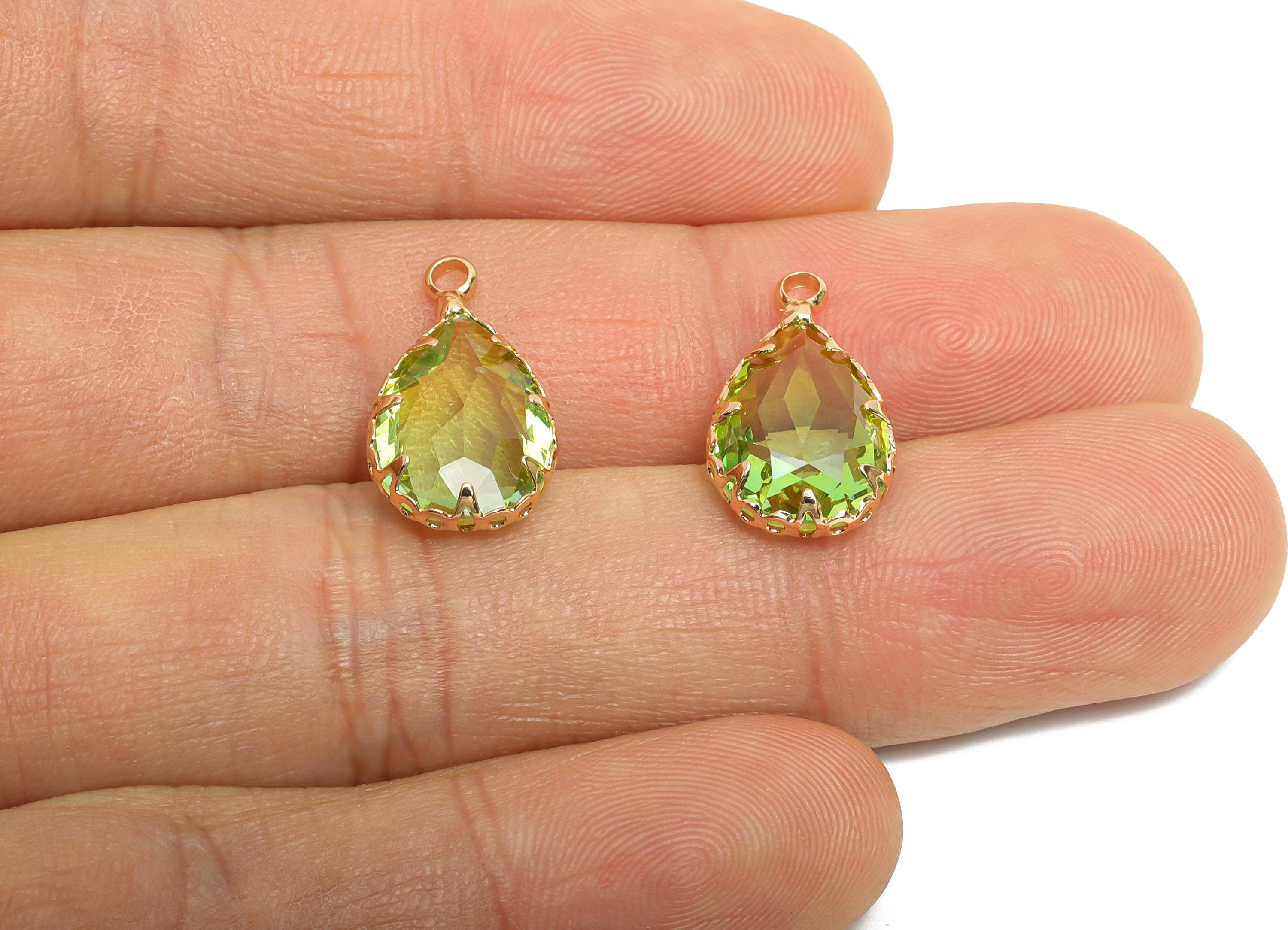 Teardrop Gemstone Pendant - Brass Green Crystal Charm - Teardrop Cut Crystal Pendant - Radiant Jewelry - KC Gold Plated - 16x10x5mm - GS1273 - DOMEDBAZAAR