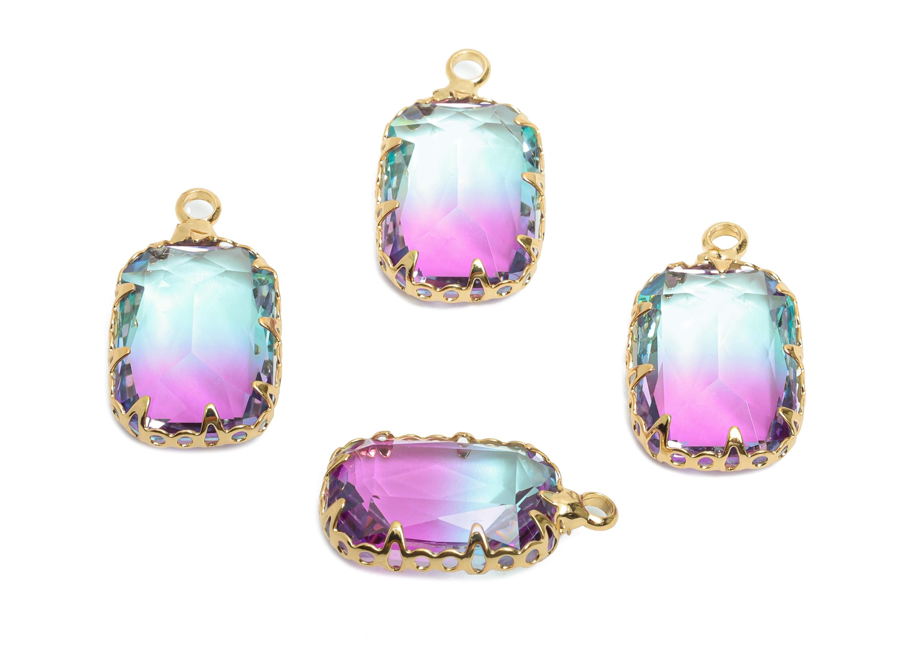 Faceted Rectangular Crystal Charm - Brass Geometry Pendant - Glass Artisan Multicolor Gemstone Pendant - KC Gold Plated - 19x11x5mm - GS1234 - DOMEDBAZAAR