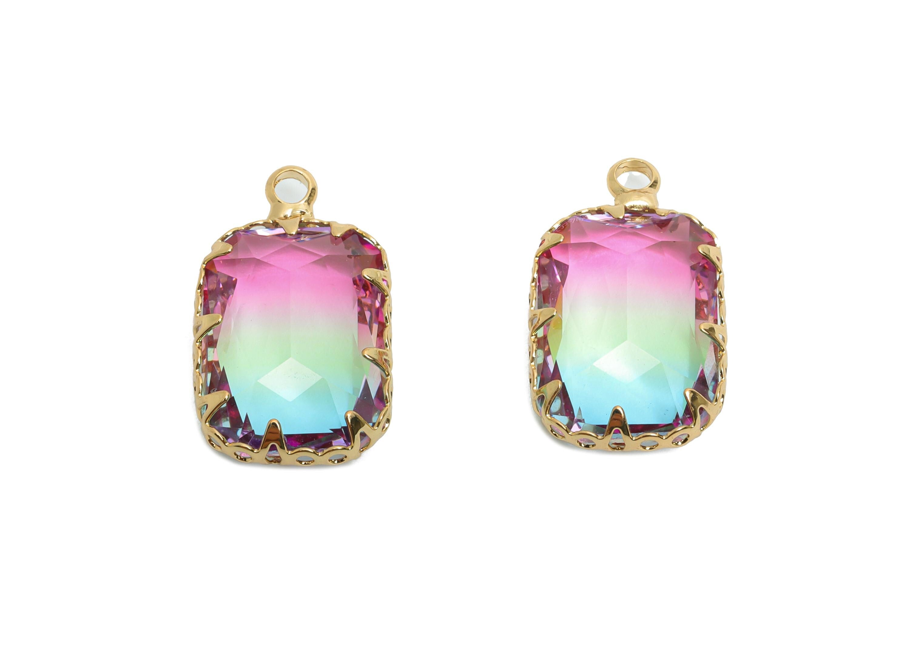 Faceted Rectangular Sparking Charm - Artisan Multicolor Crystal Pendant - Elegant Geometry Jewelry - KC Gold Tone Plated - 19x11x5mm -GS1233 - DOMEDBAZAAR