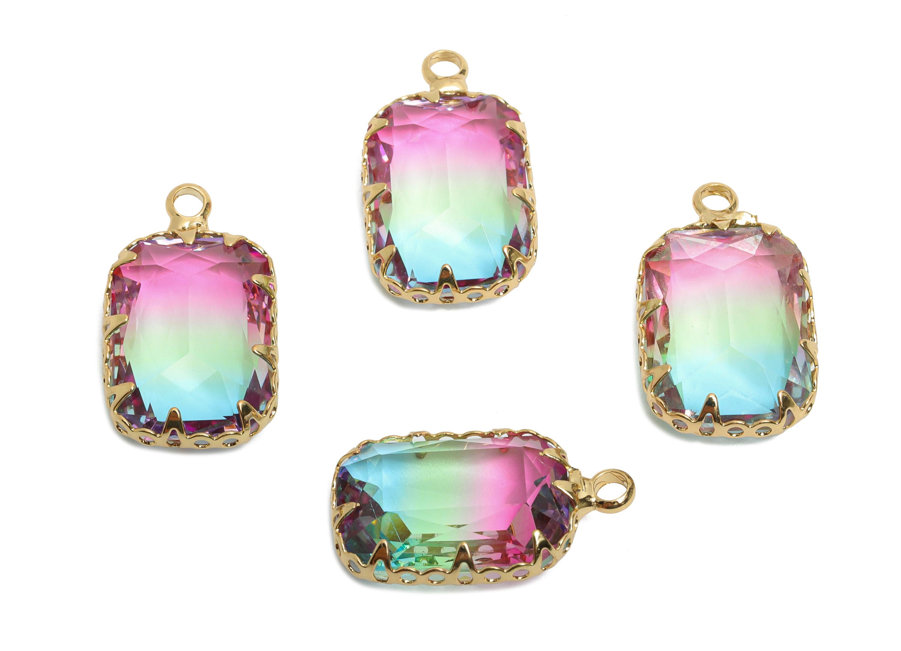 Faceted Rectangular Sparking Charm - Artisan Multicolor Crystal Pendant - Elegant Geometry Jewelry - KC Gold Tone Plated - 19x11x5mm -GS1233 - DOMEDBAZAAR