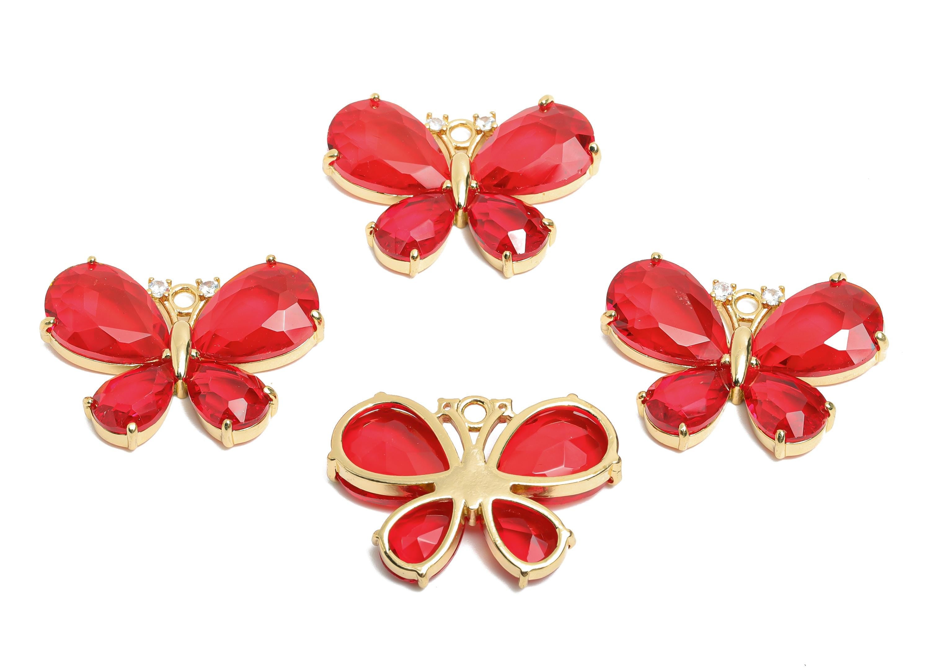 Brass Crystal Butterfly Pendant - Red Zircon Butterfly Necklace Pendant - Sparkling Jewelry DIY - KC Gold Plated - 28.77x19.73x5mm - GS1208 - DOMEDBAZAAR