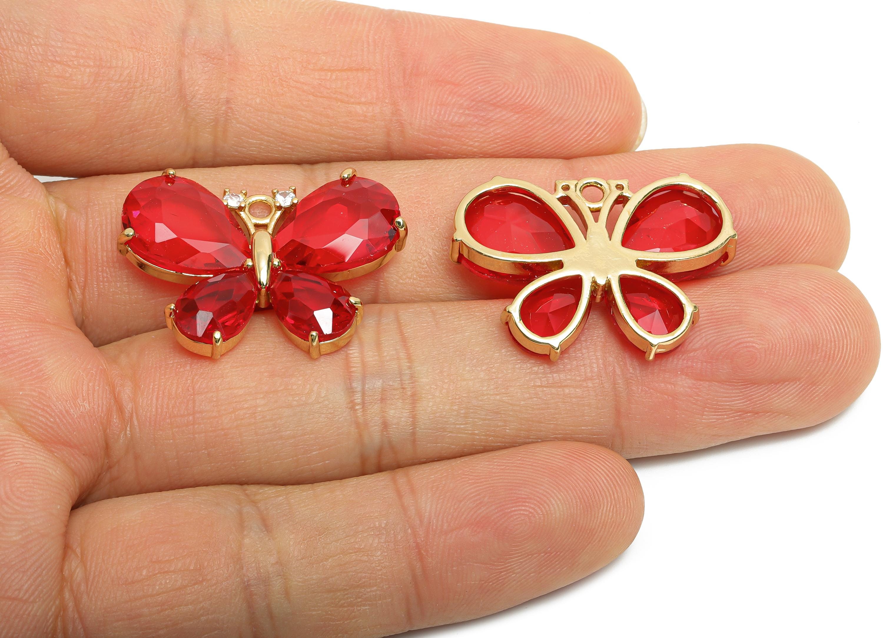 Brass Crystal Butterfly Pendant - Red Zircon Butterfly Necklace Pendant - Sparkling Jewelry DIY - KC Gold Plated - 28.77x19.73x5mm - GS1208 - DOMEDBAZAAR