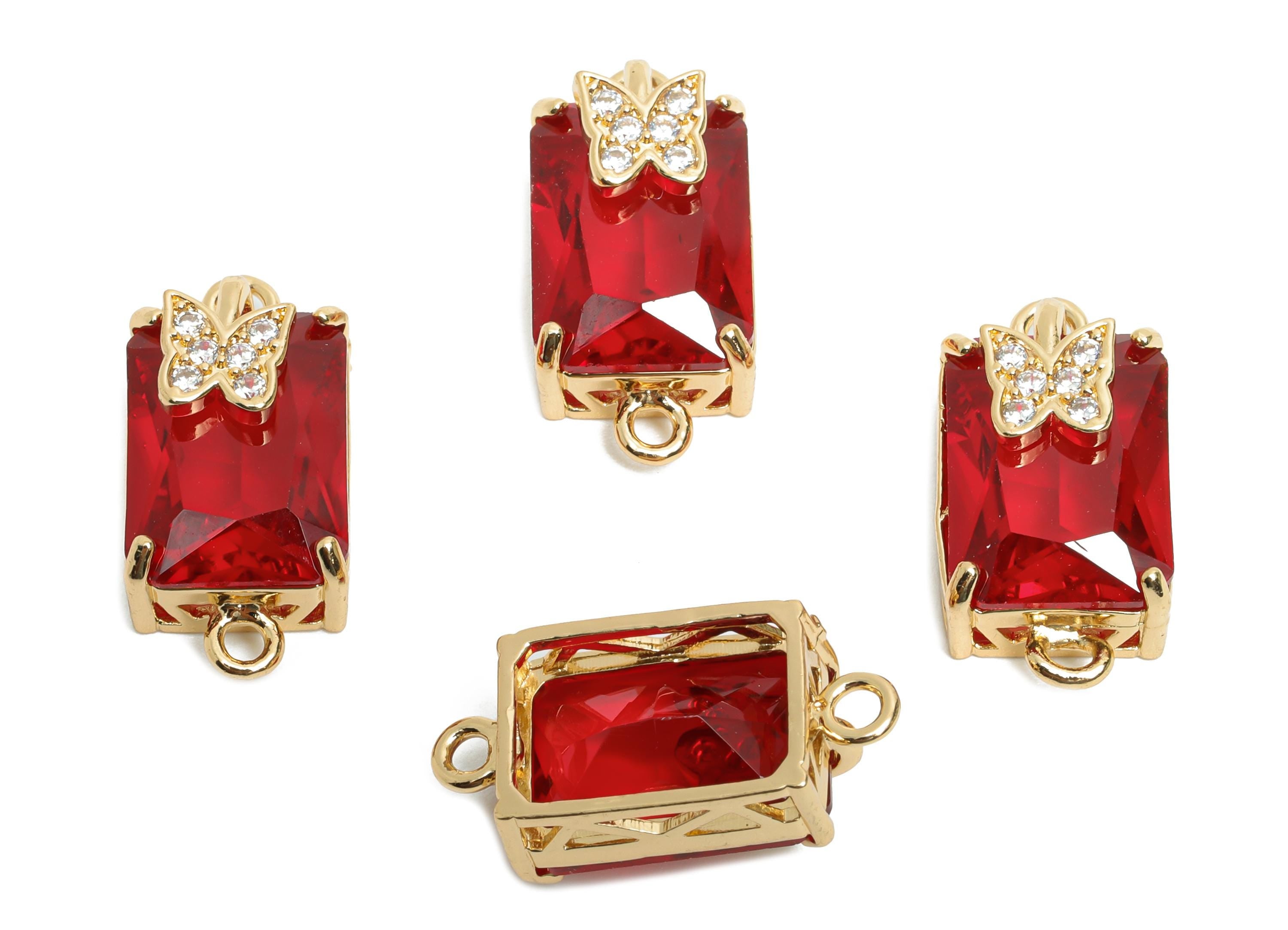 Brass Crystal Butterfly Pendant - Sparkling Red Connector - Faceted Crystal with Butterfly Detail - KC Gold Tone Plated - 20x10x8mm - GS1266 - DOMEDBAZAAR