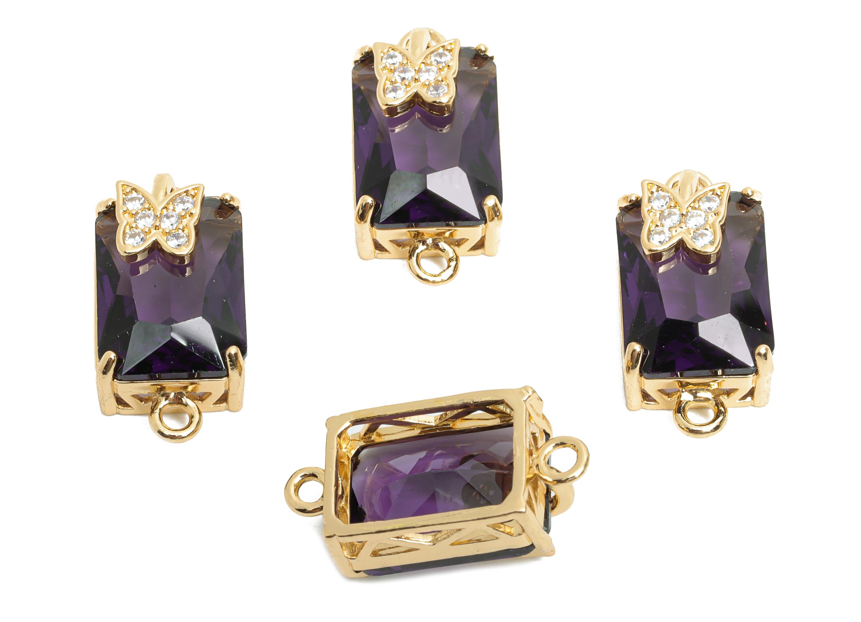 Brass Crystal Butterfly Pendant - Sparkling Purple Connector - Faceted Crystal Butterfly Detail - KC Gold Tone Plated - 20x10x8mm - GS1268 - DOMEDBAZAAR