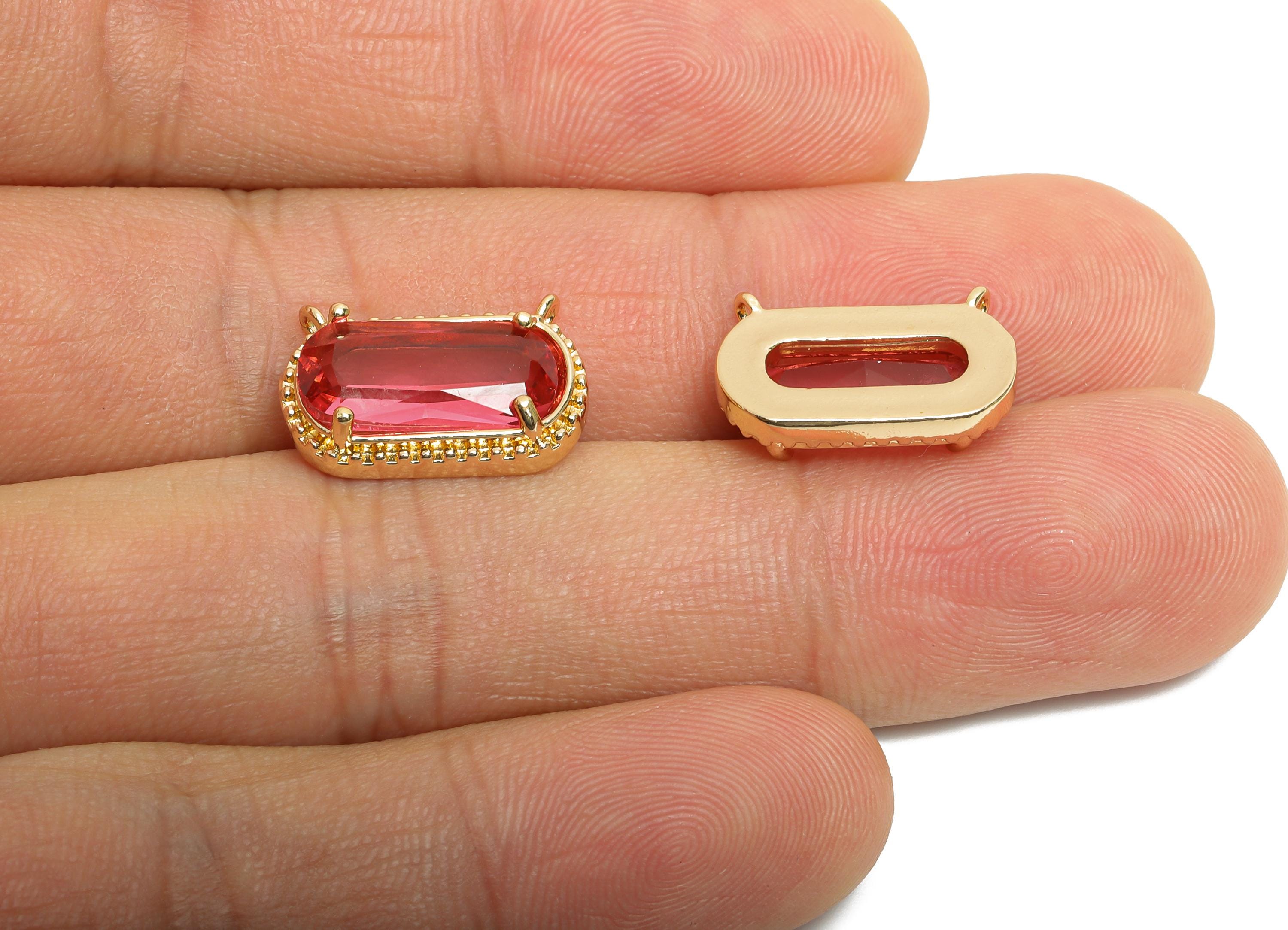 Brass Crystal Oval Pendant - Dainty Sparkling Pink Charm - Modern Oval Rectangular Stone Pendant - KC Gold Tone Plated - 16x11x4mm - GS1276 - DOMEDBAZAAR