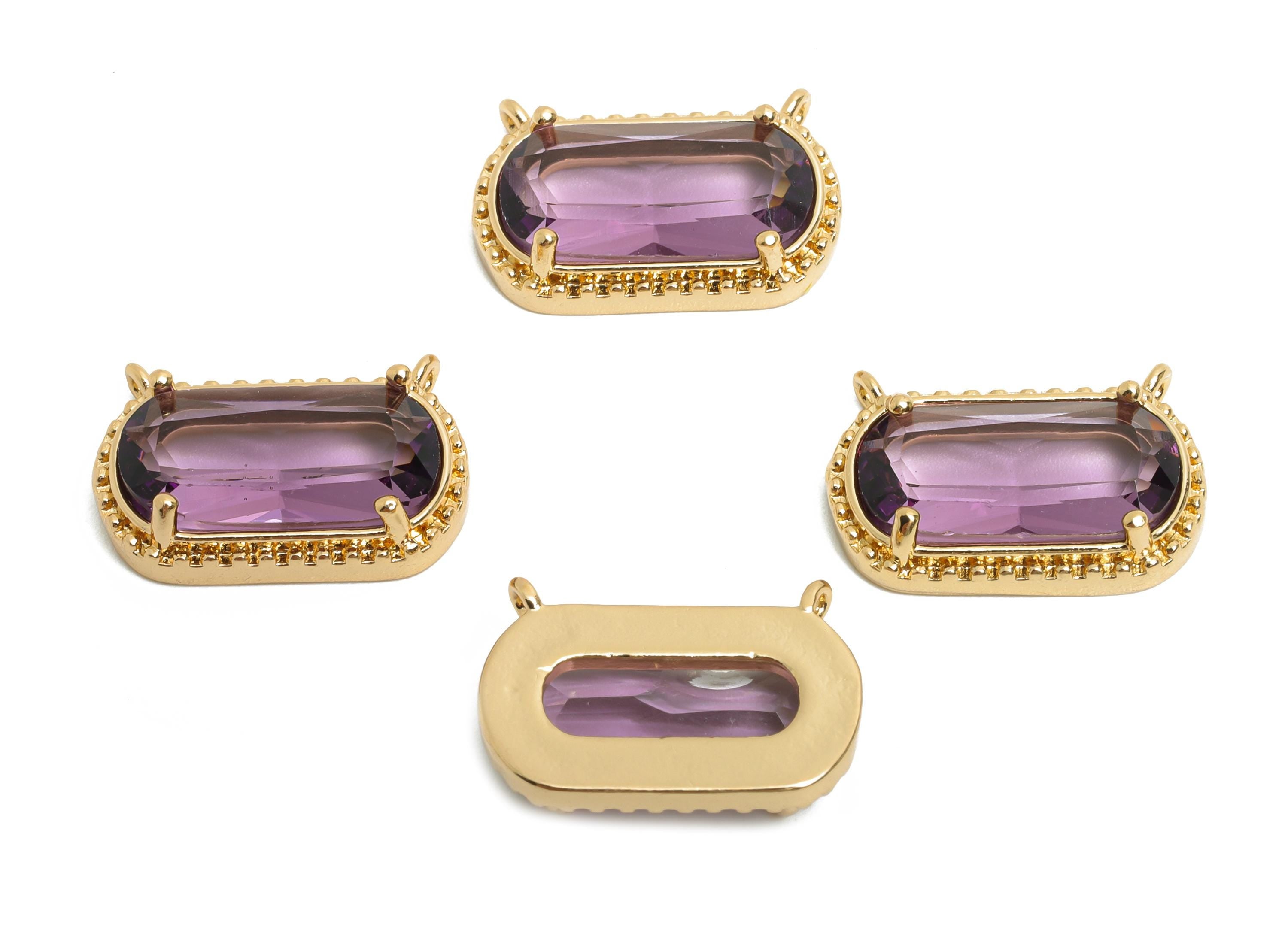 Brass Crystal Oval Pendant - Dainty Sparkling Purple Charm - Modern Oval Rectangular Stone Pendant - KC Gold Tone Plated - 16x11x4mm -GS1295 - DOMEDBAZAAR