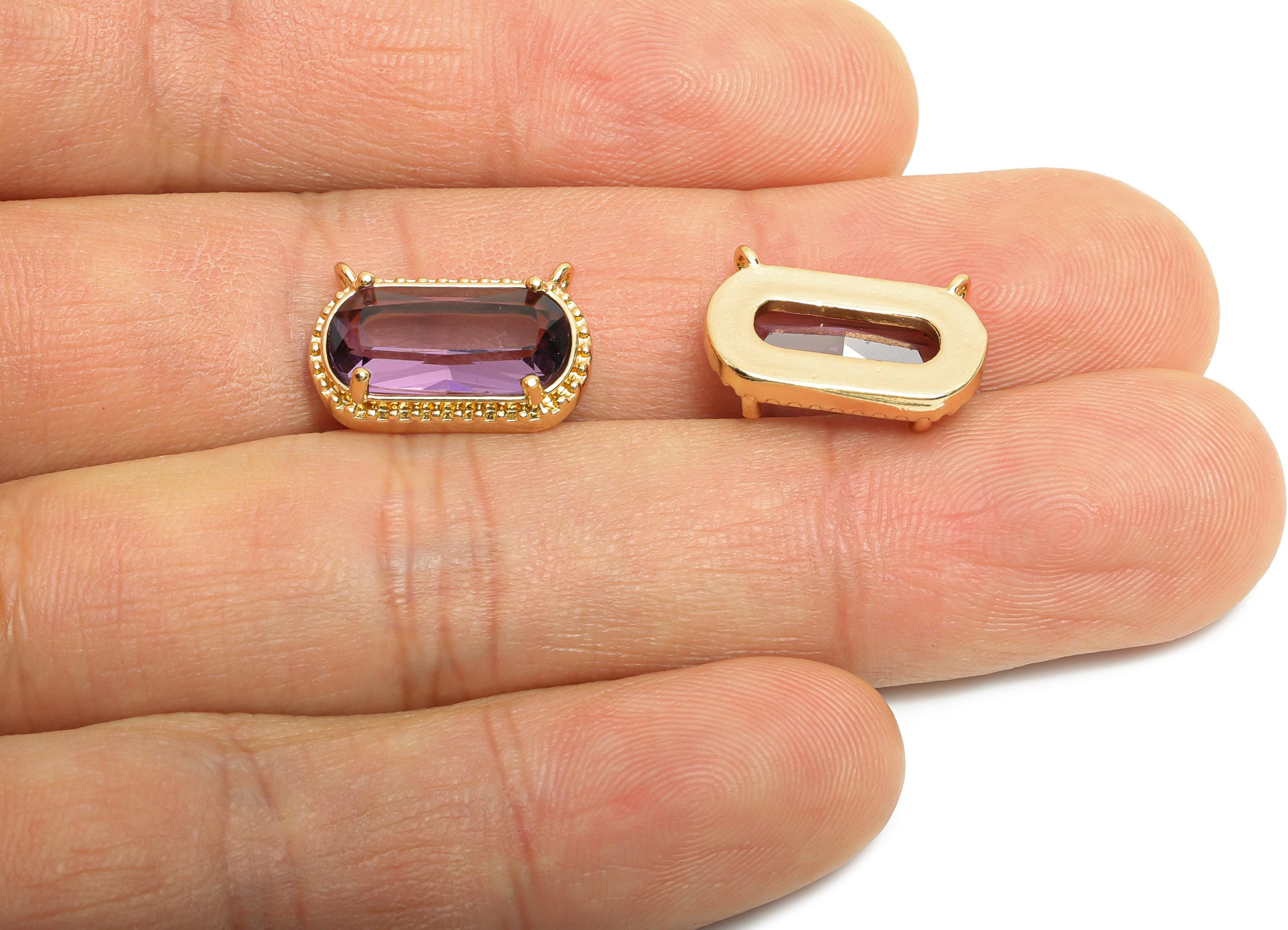 Brass Crystal Oval Pendant - Dainty Sparkling Purple Charm - Modern Oval Rectangular Stone Pendant - KC Gold Tone Plated - 16x11x4mm -GS1295 - DOMEDBAZAAR