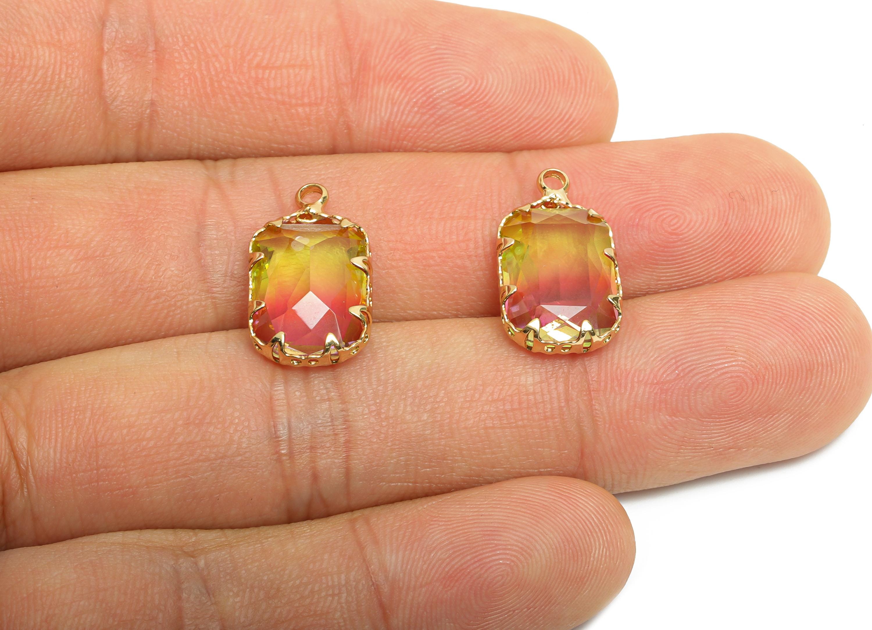 Faceted Rectangle Crystal Charms - Brass Rainbow Glass Pendant - Elegant Geometric Jewelry - KC Gold Tone Plated - 19x11x5.45mm - GS1235 - DOMEDBAZAAR