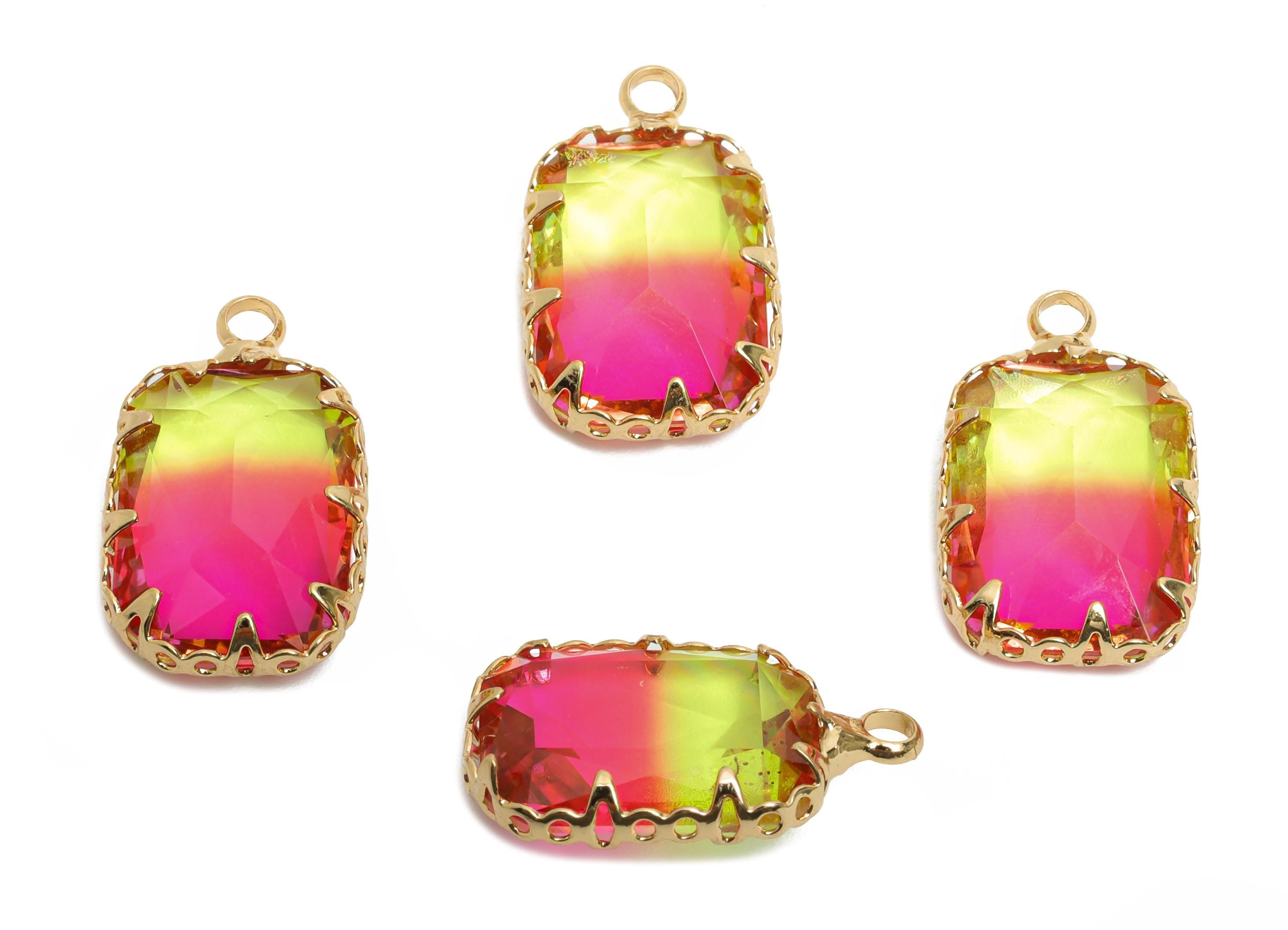Faceted Rectangle Crystal Charm - Brass Rainbow Glass Pendant - Elegant Geometric Jewelry - KC Gold Tone Plated Brass- 19x11x5.45mm - GS1228 - DOMEDBAZAAR