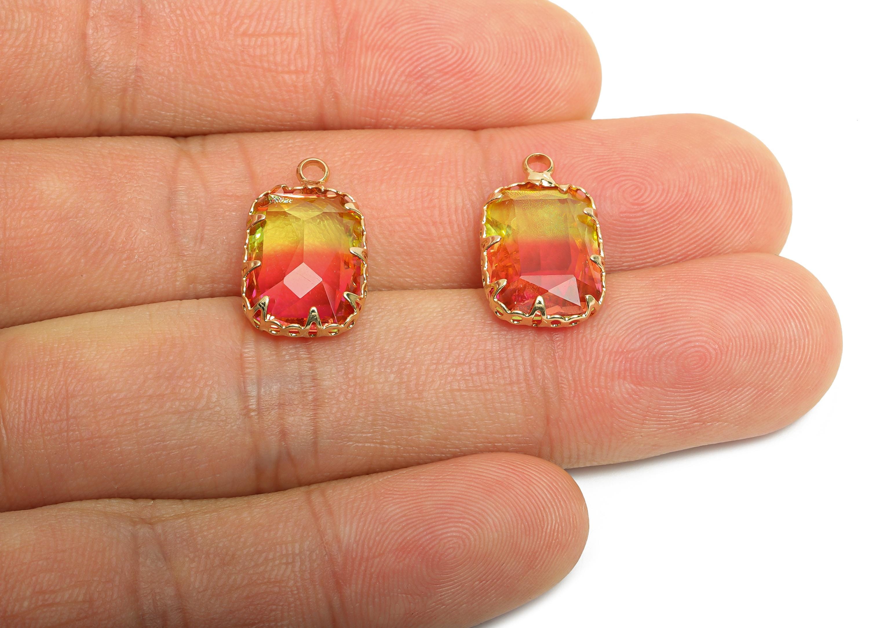 Faceted Rectangle Crystal Charm - Brass Rainbow Glass Pendant - Elegant Geometric Jewelry - KC Gold Tone Plated Brass- 19x11x5.45mm - GS1228 - DOMEDBAZAAR