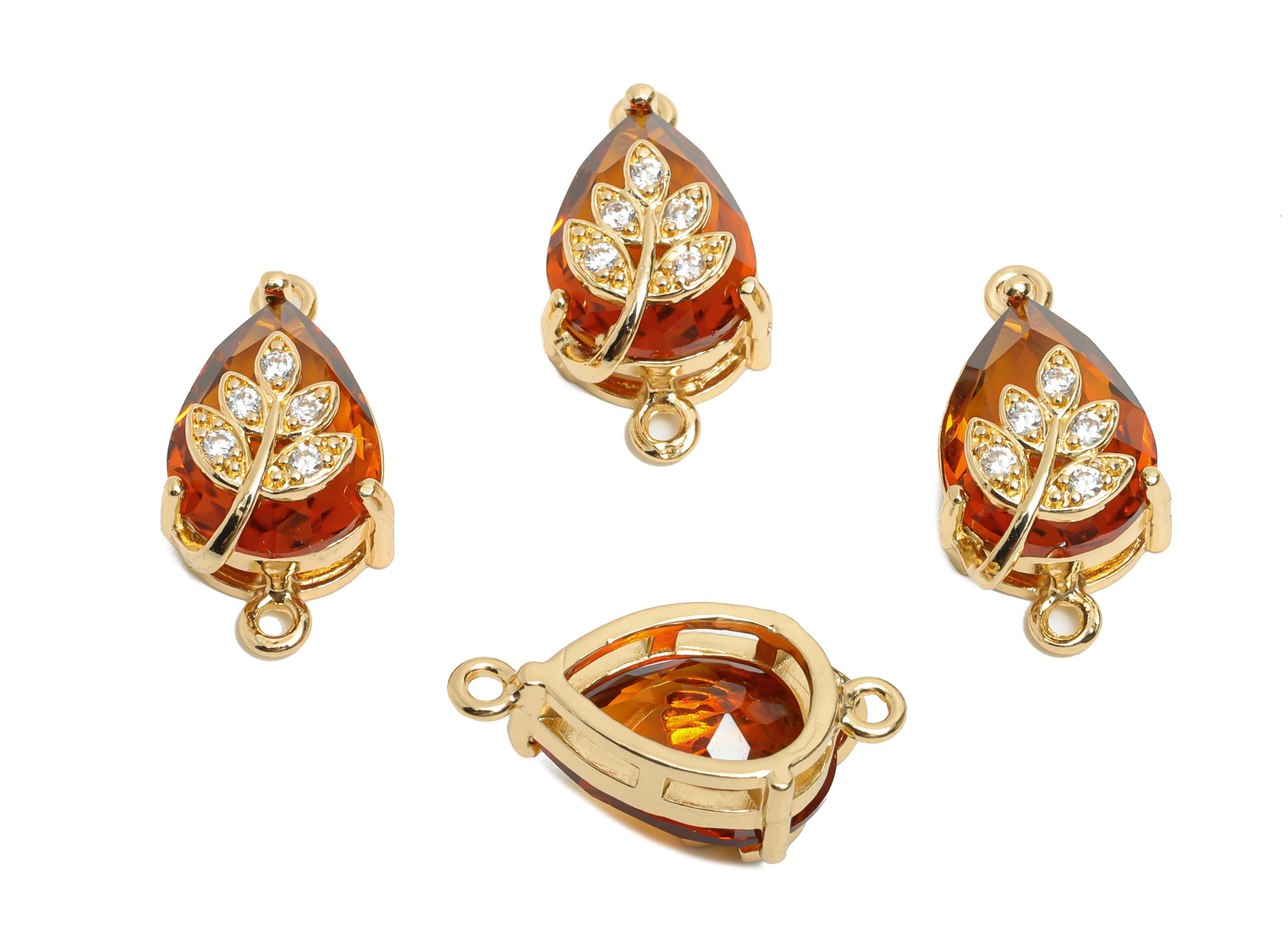 Teardrop Crystal Connector - Dainty Orange Glass with Leaf Charm - Brass Artisan Crystal Jewelry - KC Gold Plated - 20x11x10.57mm - GS1280 - DOMEDBAZAAR