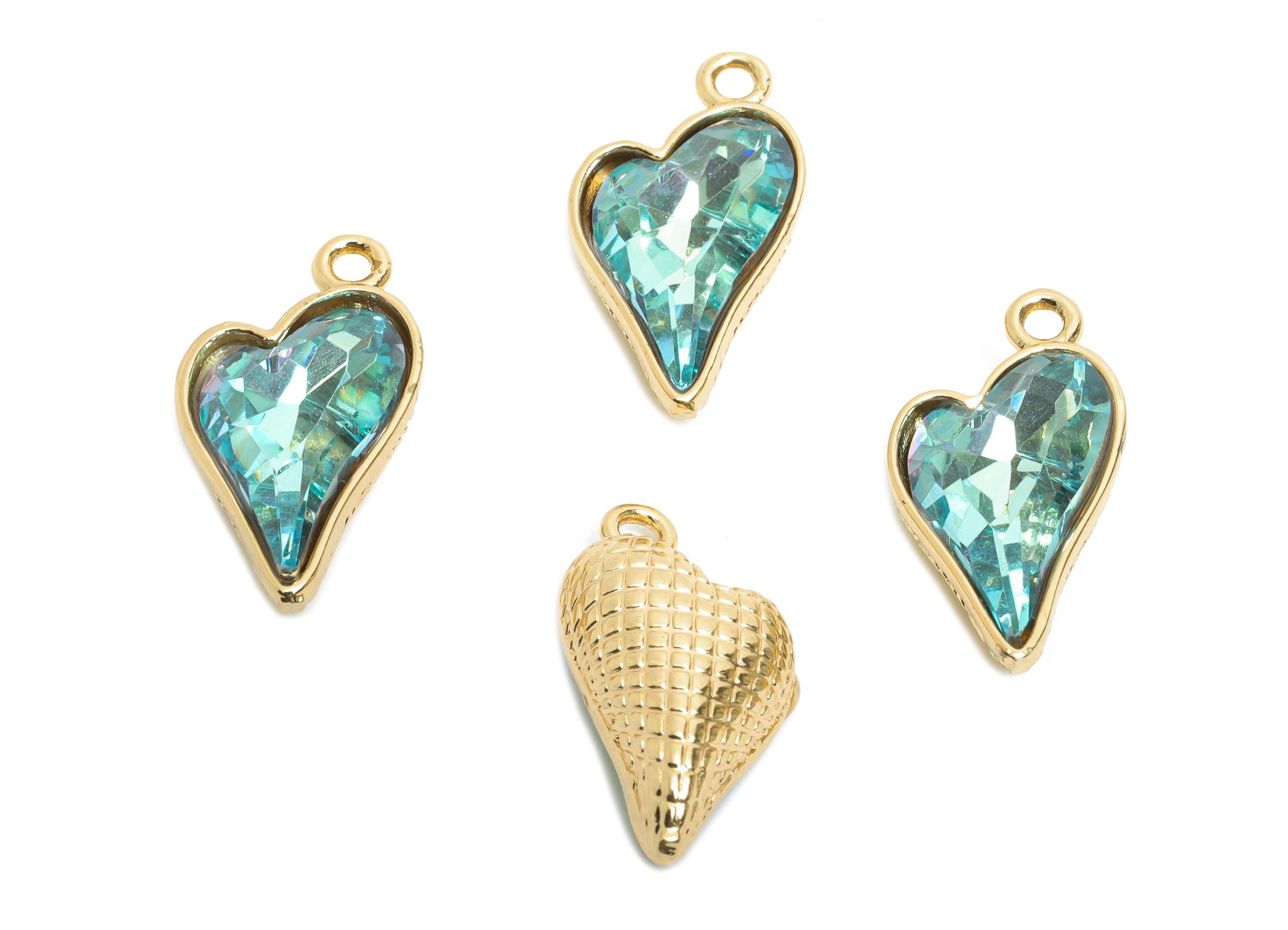 Heart Crystal Bracelet Charm - Textured Brass Crystal Dual-Sided Pendant - Unique Jewelry Component - KC Gold Plated - 19x10x5mm - GS1174 - DOMEDBAZAAR