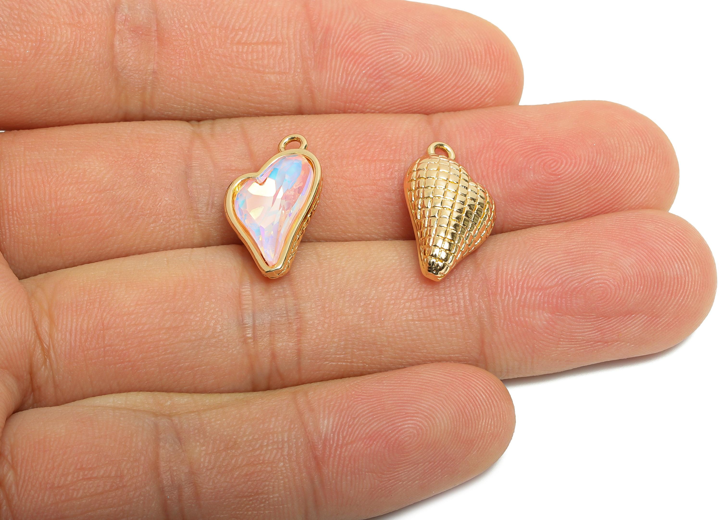 Heart Crystal Bracelet Charms - Brass Pink Crystal Dual-Sided Pendant - Unique Jewelry Component - KC Gold Tone Plated - 19x10x5mm - GS1175 - DOMEDBAZAAR