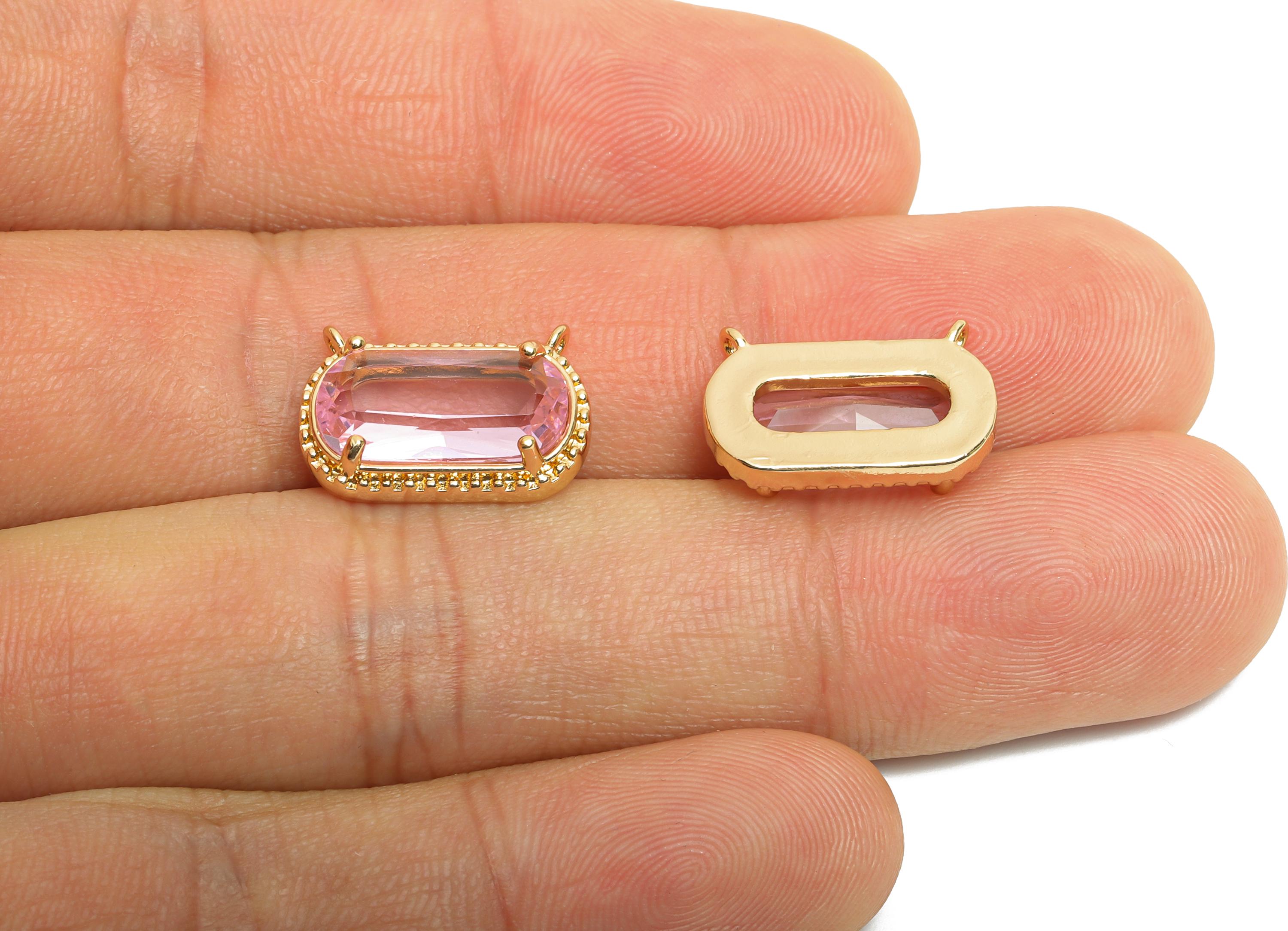 Brass Crystal Oval Pendant - Dainty Sparkling Pink Charm - Modern Oval Rectangular Stone Pendant - KC Gold Tone Plated - 16x11x4mm -GS1289 - DOMEDBAZAAR