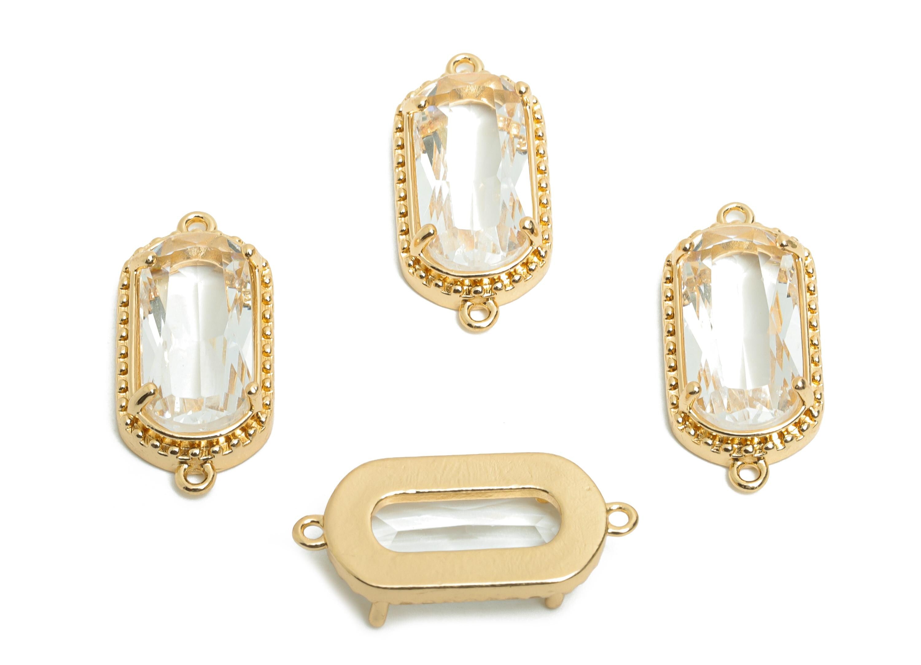 Brass Crystal Connector - Dainty Gold Frame Pendant - Transparent Oval Rectangular Stone Bracelet - KC Gold Tone Plated - 20x9x4mm - GS1302 - DOMEDBAZAAR